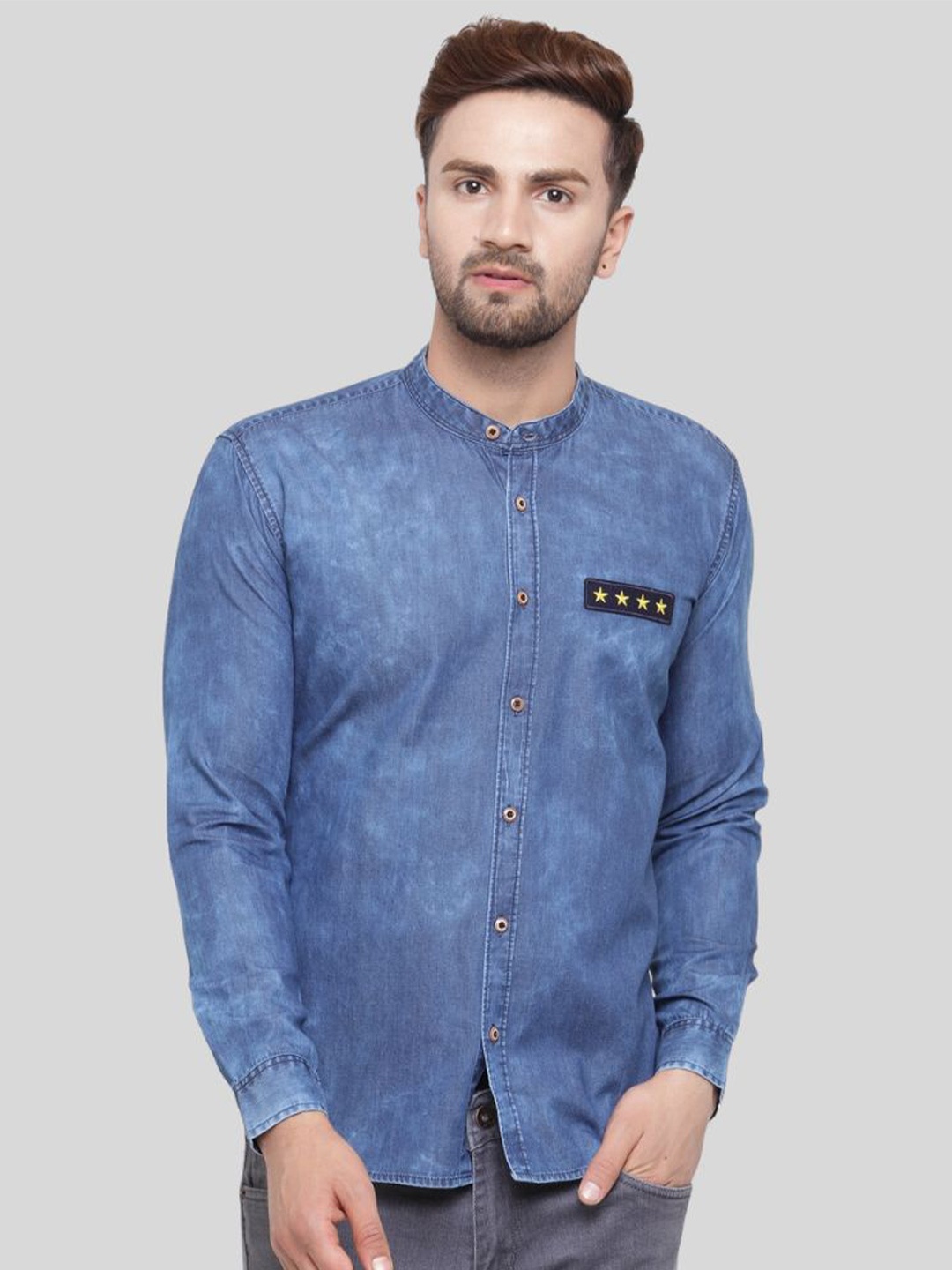 

Ben Martin Classic Slim Fit Band Collar Denim Casual Shirt, Blue