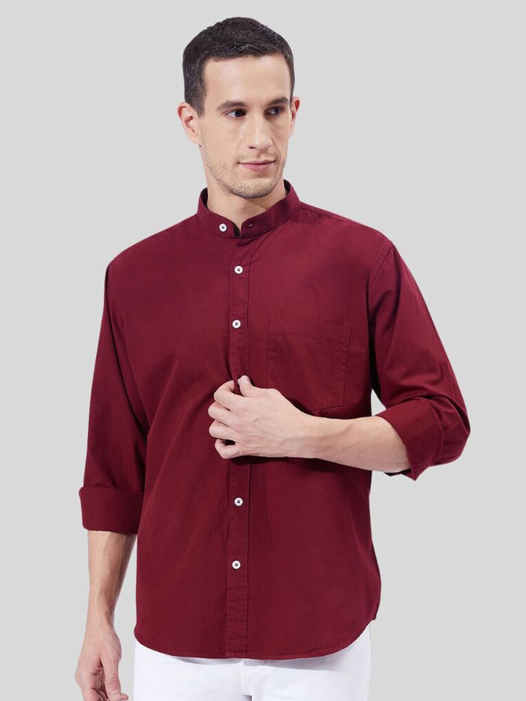 

Ben Martin Classic Slim Fit Band Collar Cotton Casual Shirt, Maroon