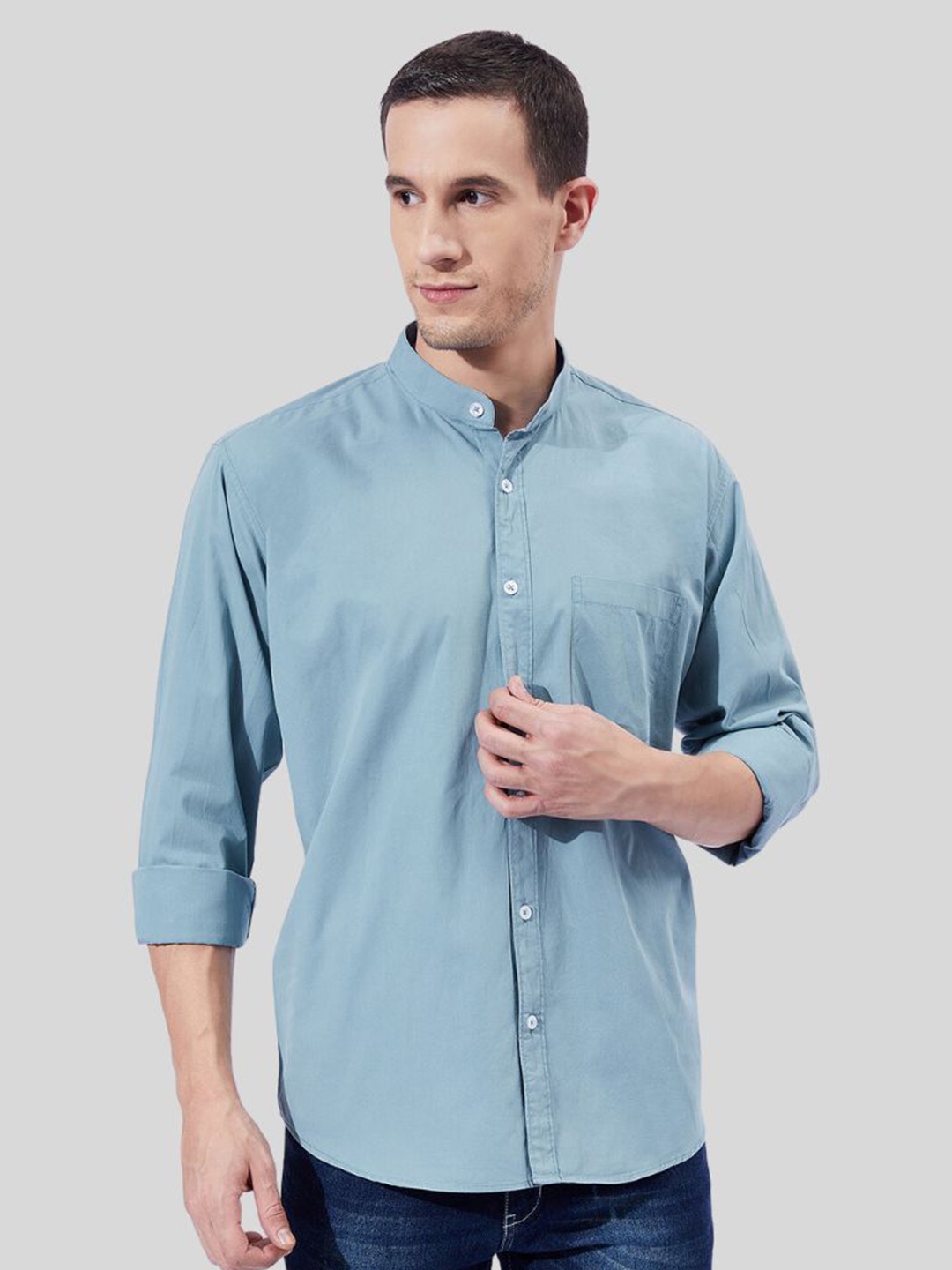 

Ben Martin Classic Slim Fit Band Collar Cotton Casual Shirt, Blue