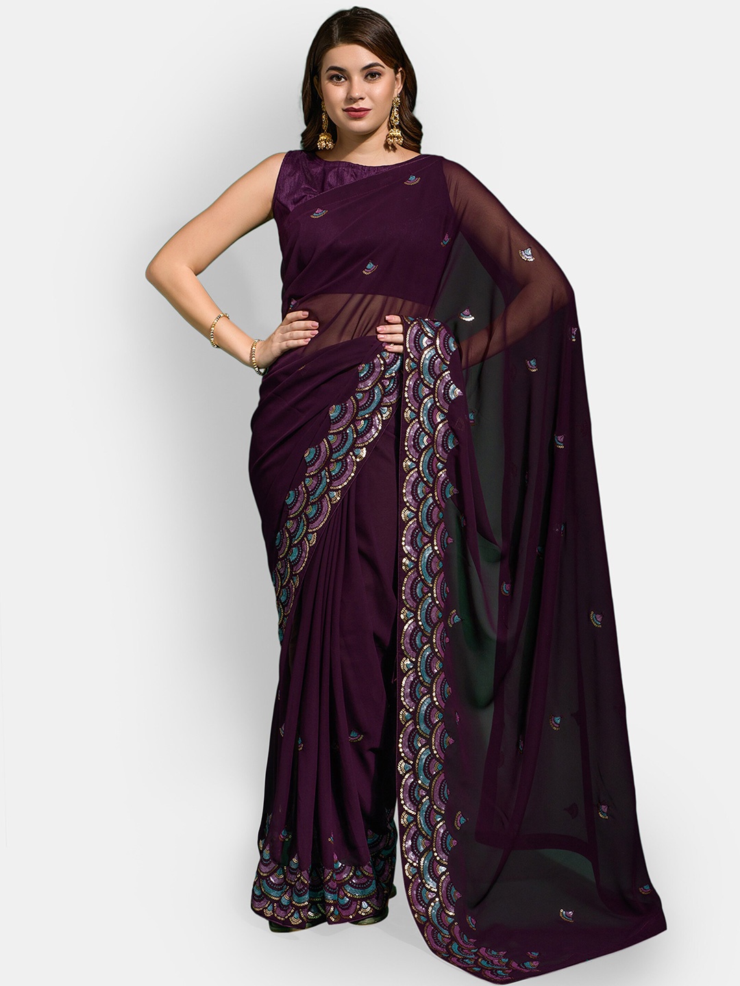

DWIZA ENTERPRISE Embellished Sequinned Pure Georgette Chanderi Saree, Purple