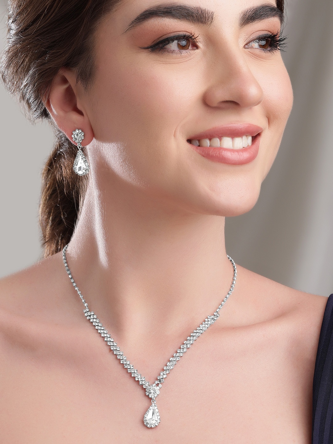 

Rubans Silver-Plated Crystal AD & Cubic Zirconia Studded Teardrop Necklace Set