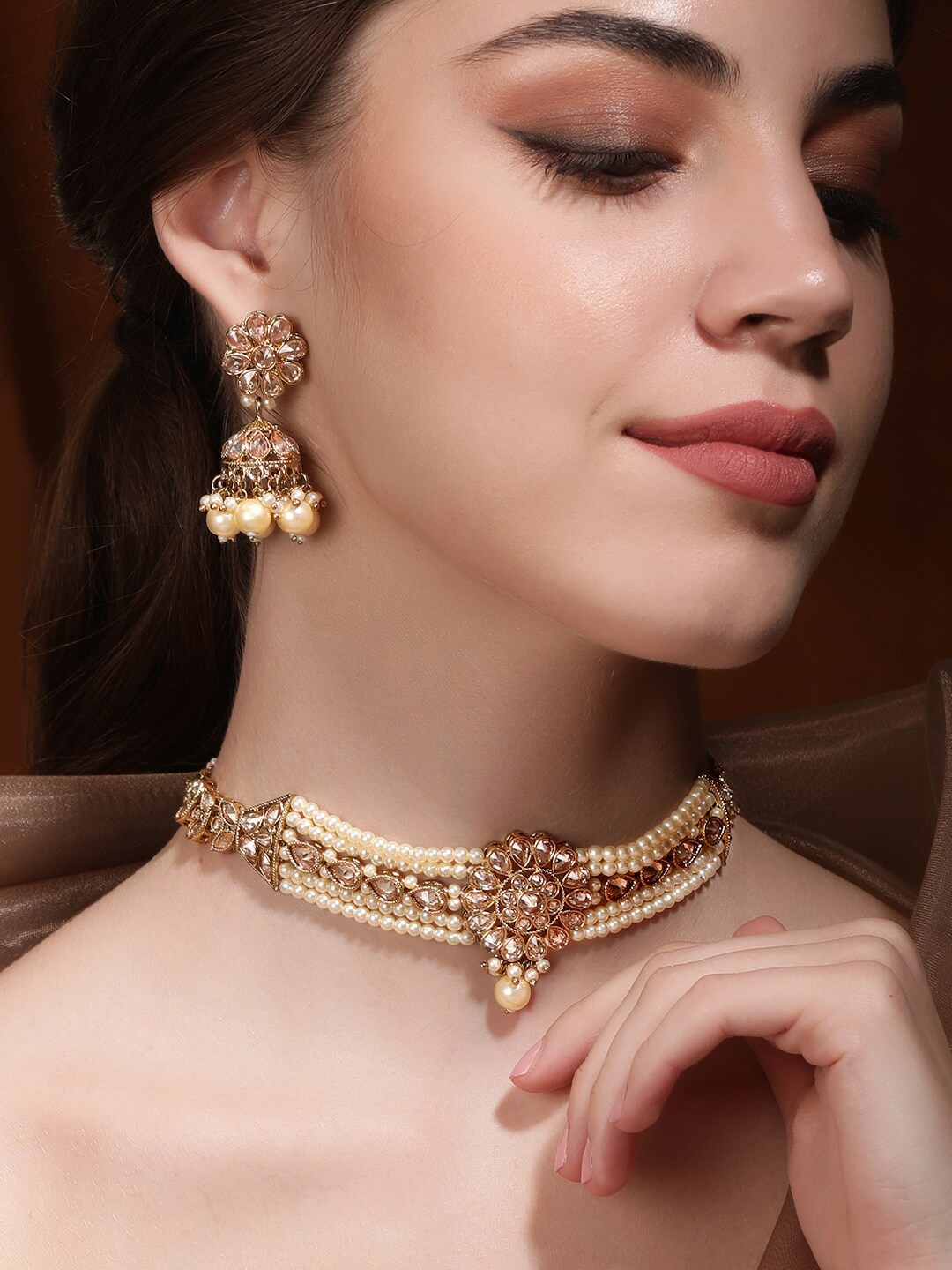 

Rubans 22K Gold-Plated Reverse AD-Studded & Pearl Beaded Jewellery Set