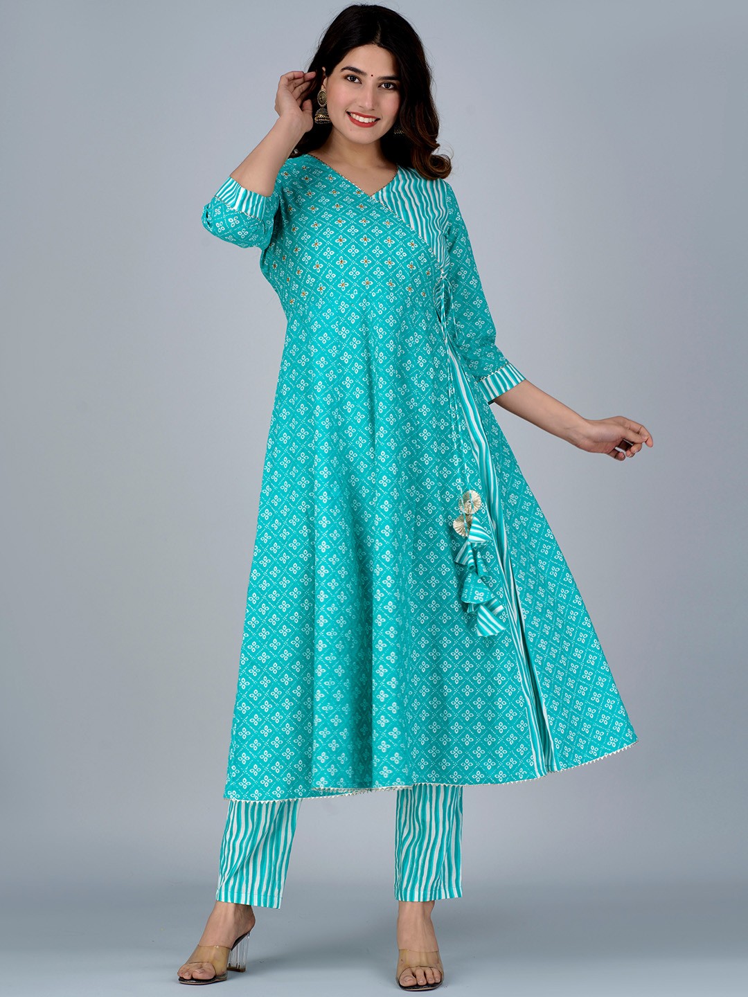 

JAIPURI COLLECTION Ethnic Motifs Printed Angrakha Pure Cotton Kurta & Pyjamas with Dupatta, Turquoise blue