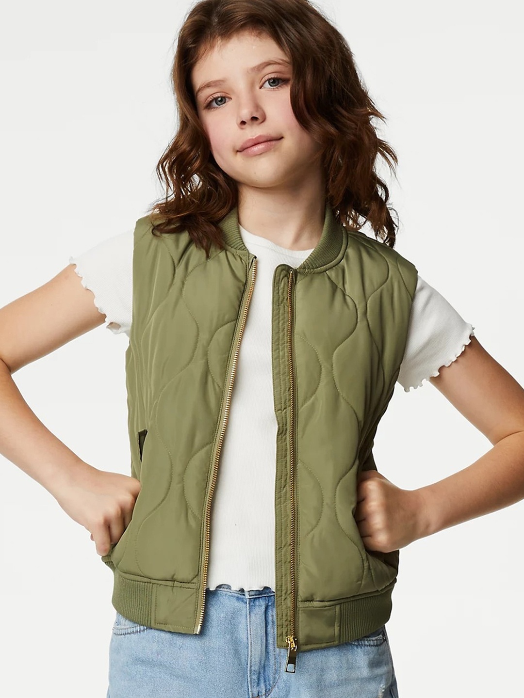 

Marks & Spencer Girls Stand Collar Lightweight Regular Quilted Jacket, Green