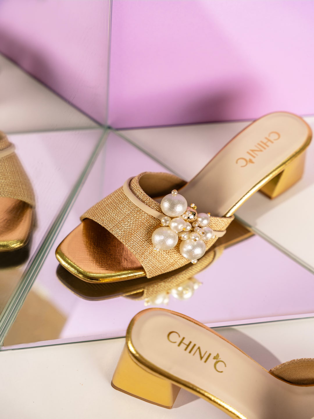 

CHINI C Embellished Open Toe Block Ethnic Heels, Gold