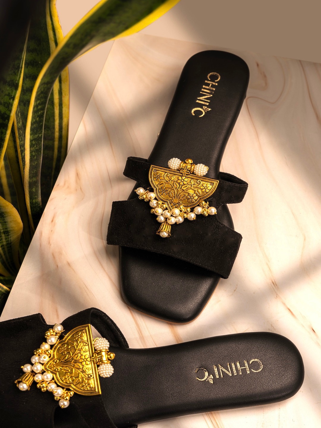 

CHINI C Embellished Ethnic Open Toe Flats, Gold