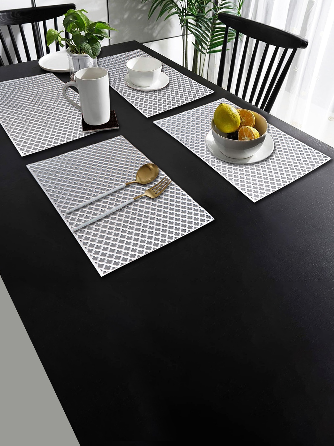 

Dakshya Industries White 4 Pieces Textured Table Placemats, Silver