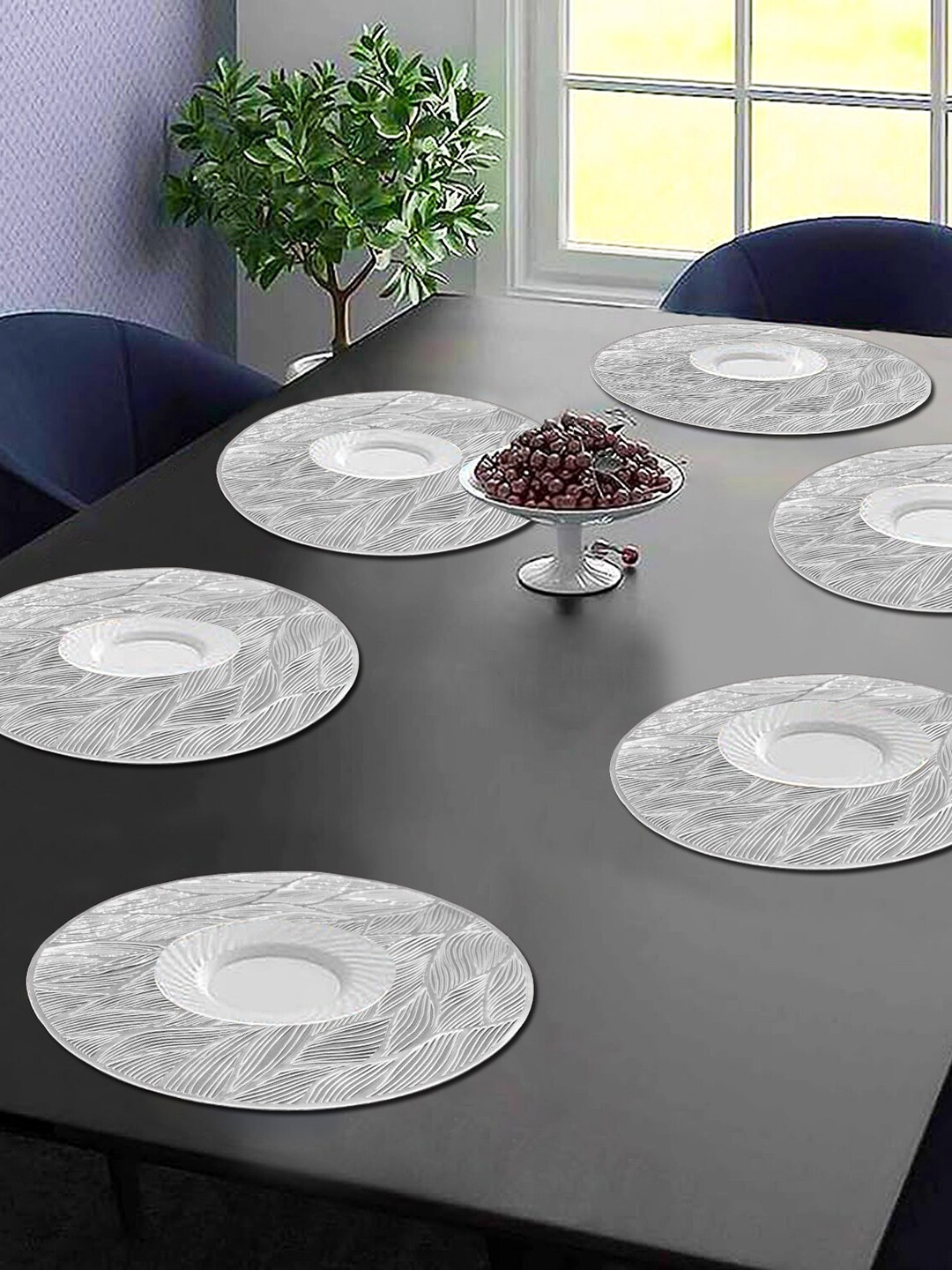 

Dakshya Industries Grey 6-Pcs Round Paisley Table Placemats, Silver