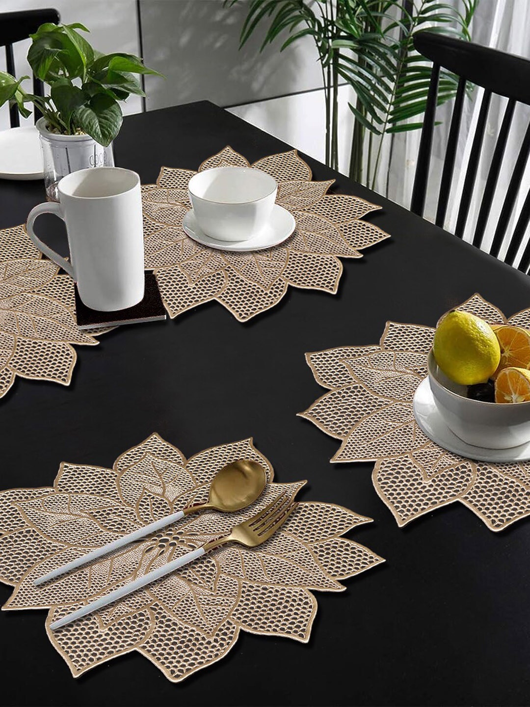 

Dakshya Industries Beige 4-Pcs Textured Sunflower Table Placemats, Gold