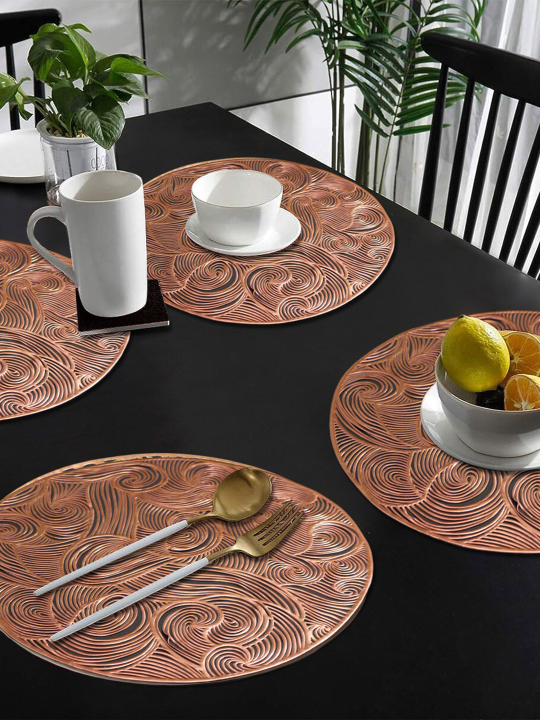 

Dakshya Industries Beige 4 Pieces Textured Round Paisley Table Placemats, Copper