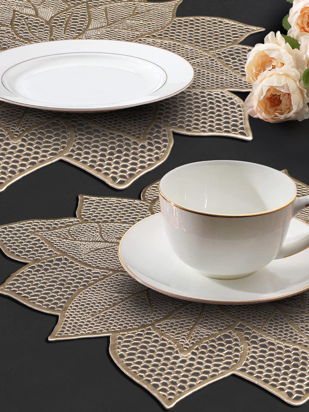 

Dakshya Industries 2-Pcs Golden Textured Round Table Placemats, Gold