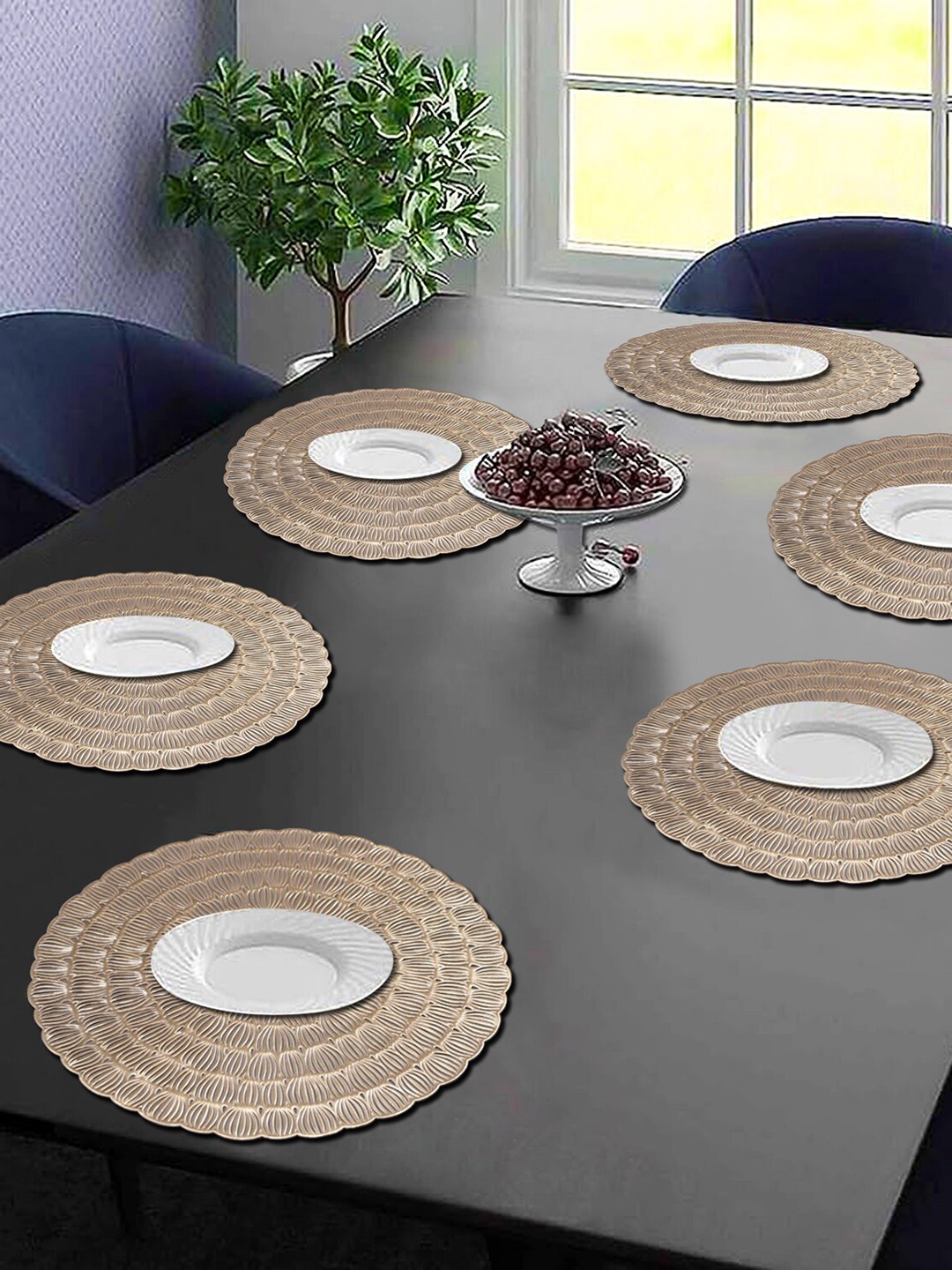 

Dakshya Industries 6-Pcs Golden Textured Round Table Placemats, Gold