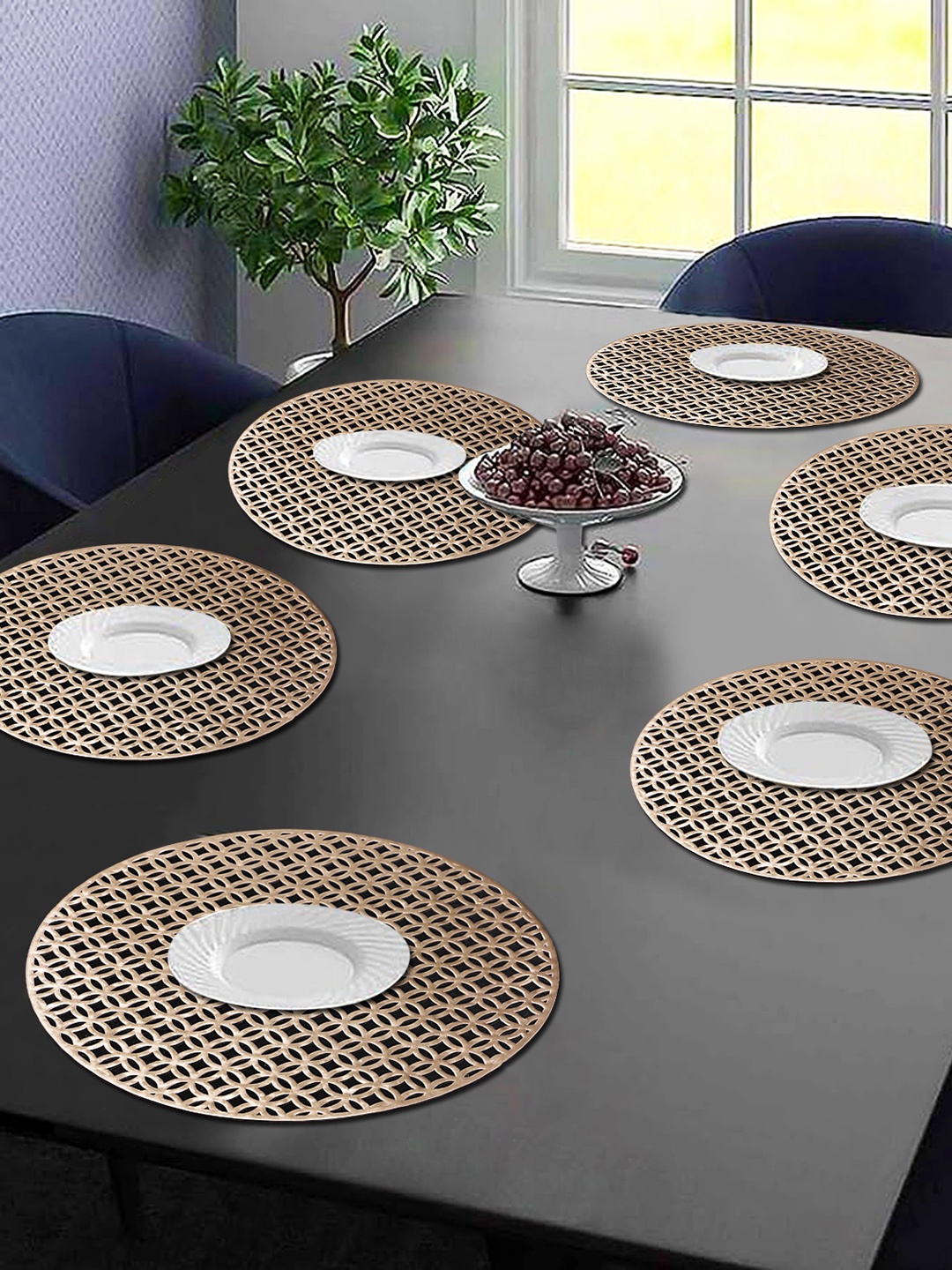 

Dakshya Industries Beige 6 Pieces Round Table Placemats, Gold