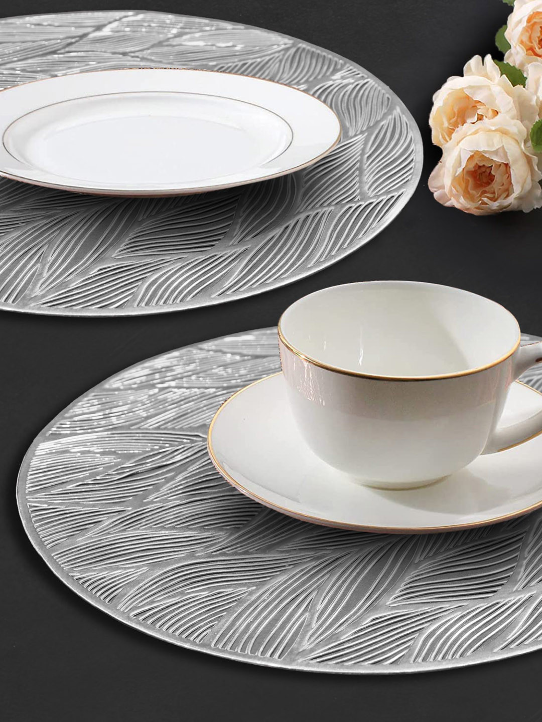 

Dakshya Industries Grey 2 Pieces Round Table Placemats, Silver