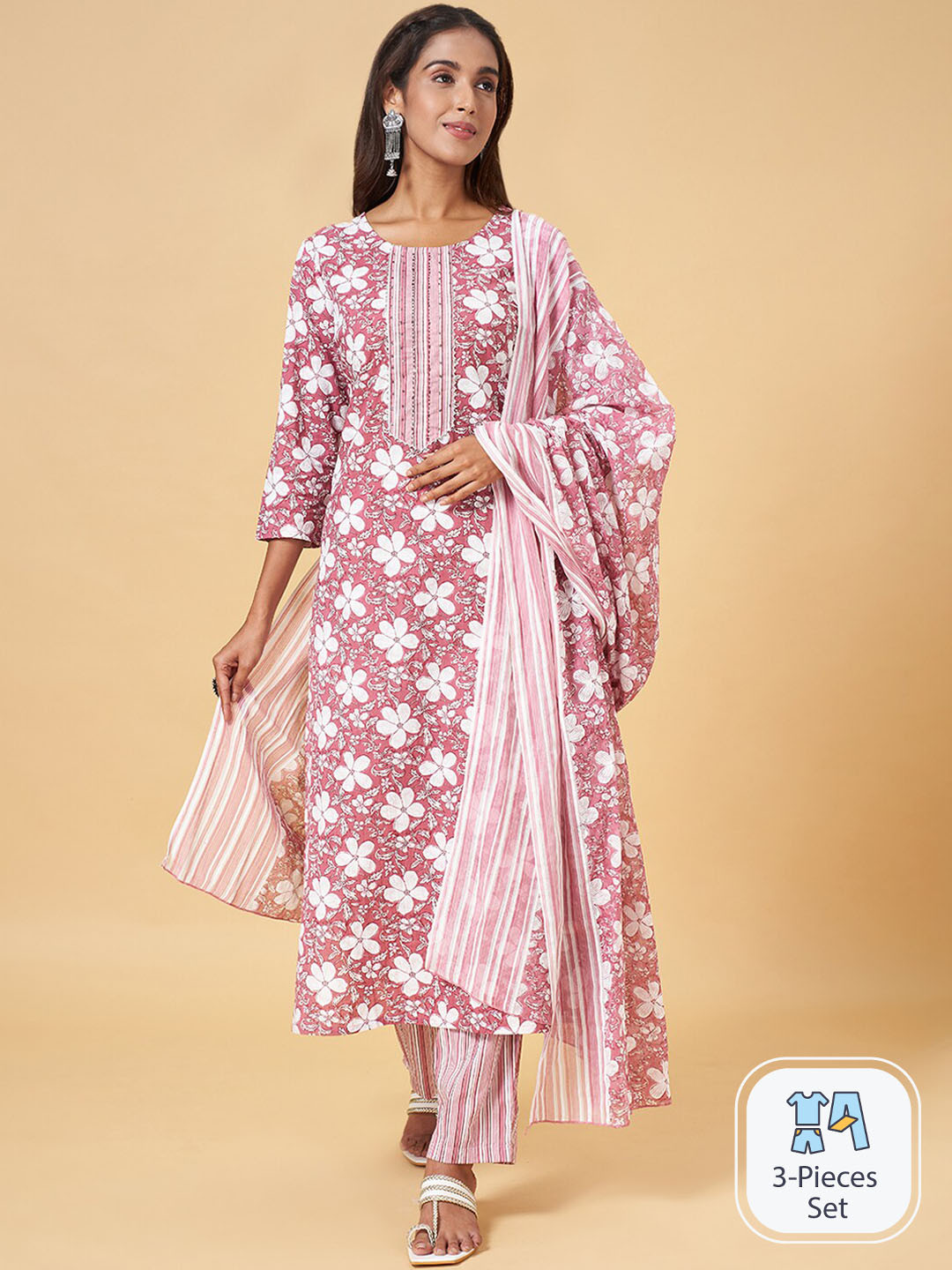 

YU by Pantaloons Floral Printed Gotta Patti Pure Cotton Kurta & Trousers With Dupatta, Pink