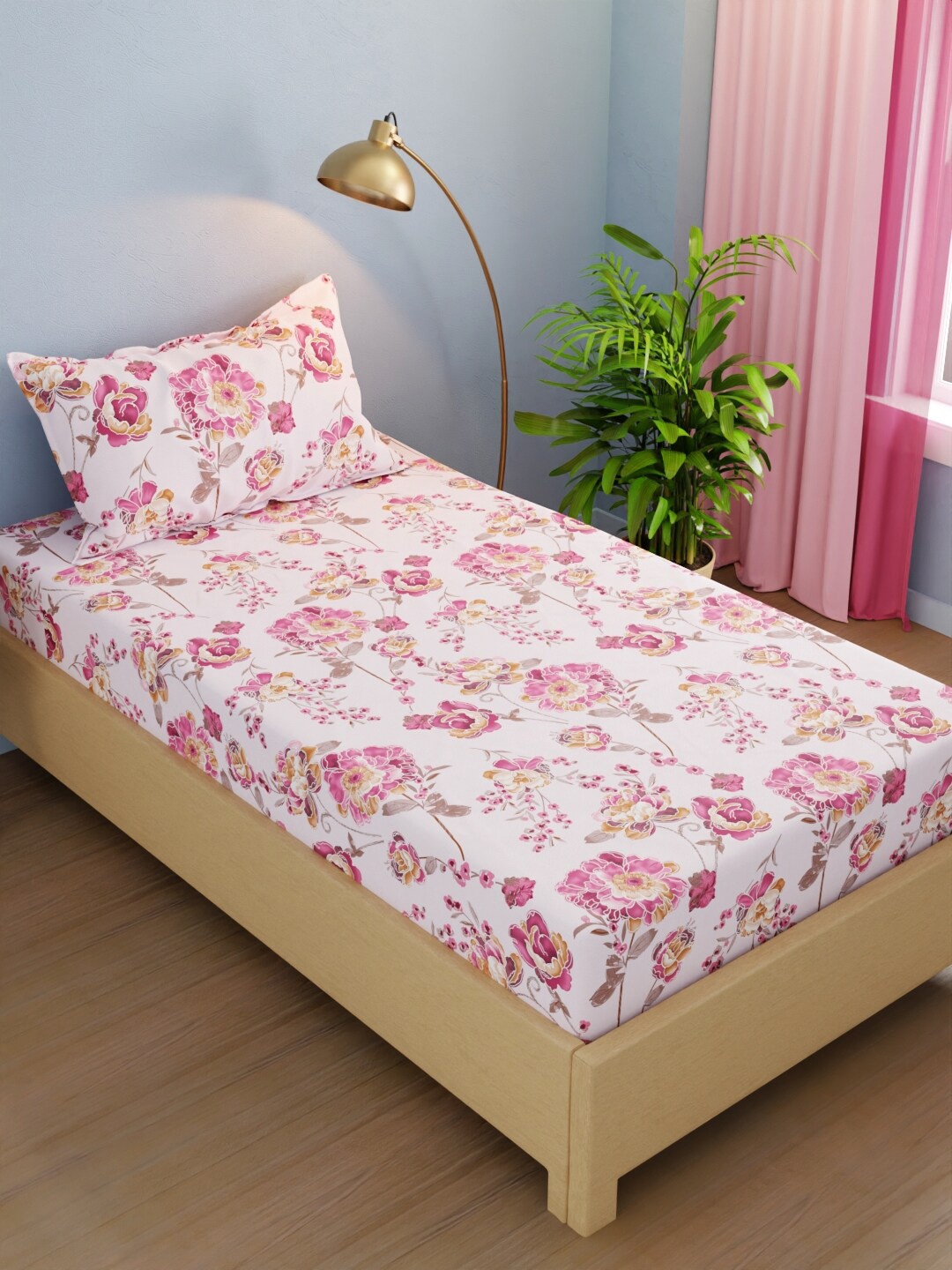 

BIANCA White & Pink Floral 210 TC Single Bedsheet with 1 Pillow Cover