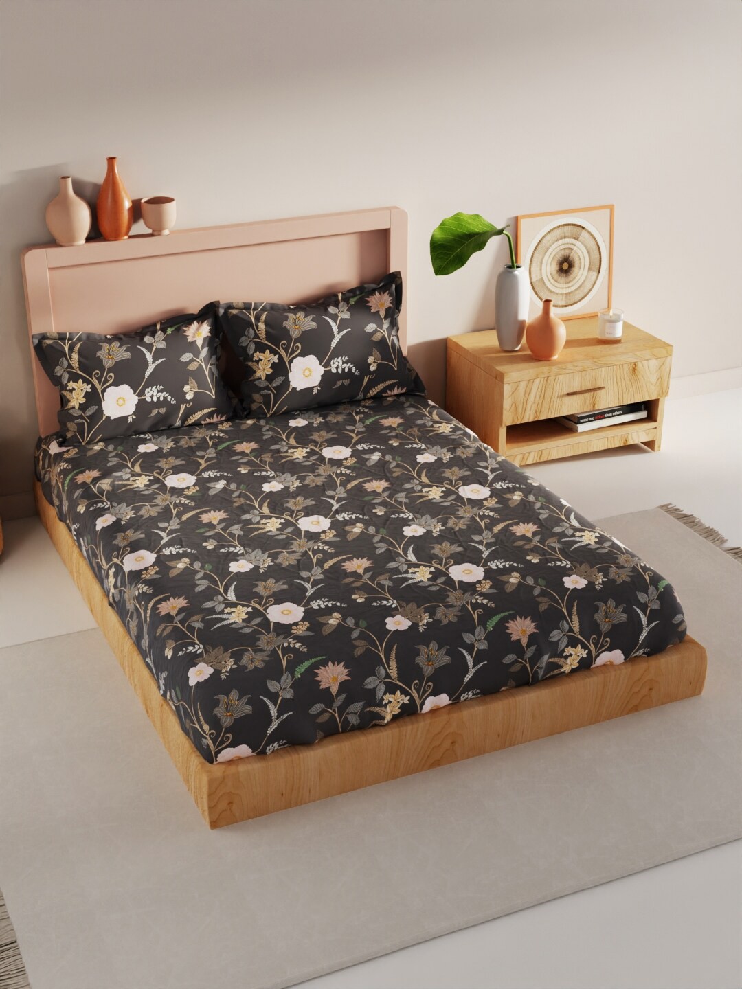 

BIANCA Charcoal Grey & White Floral 210 TC King Bedsheet with 2 Pillow Covers
