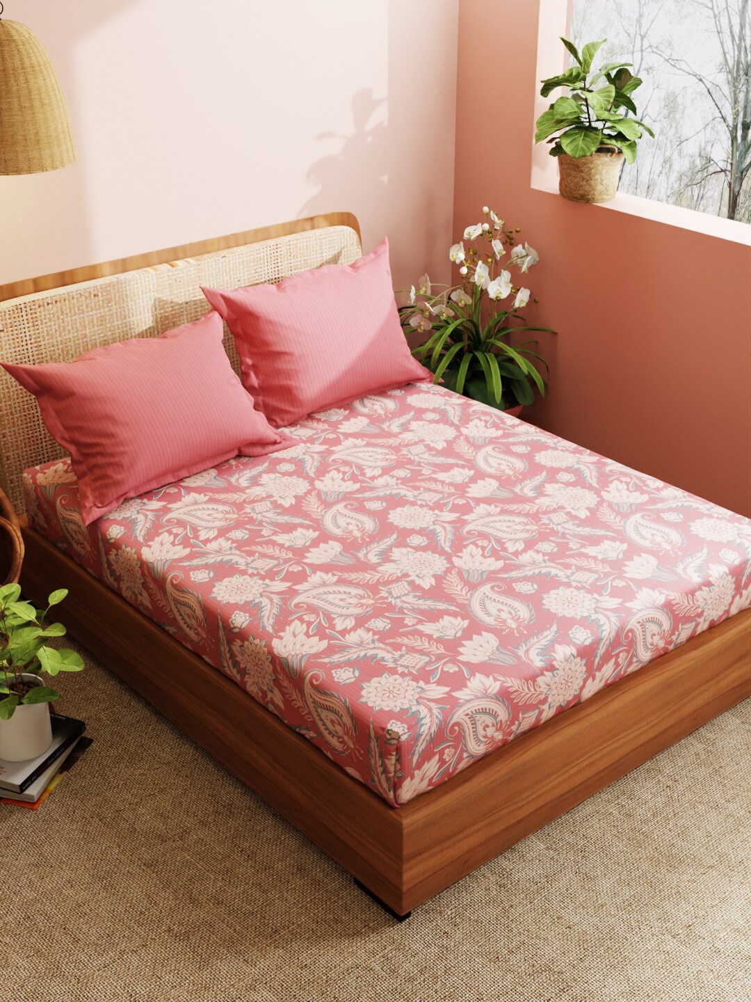 

BIANCA Chantal Maroon & Cream Floral 210 TC Pure Cotton King Bedsheet with 2 Pillow Covers