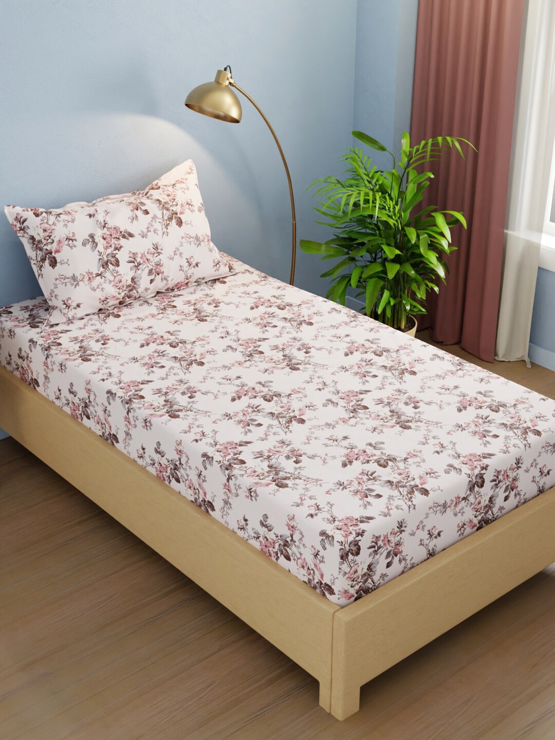 

BIANCA White & Pink Floral 210 TC Single Bedsheet with 1 Pillow Cover