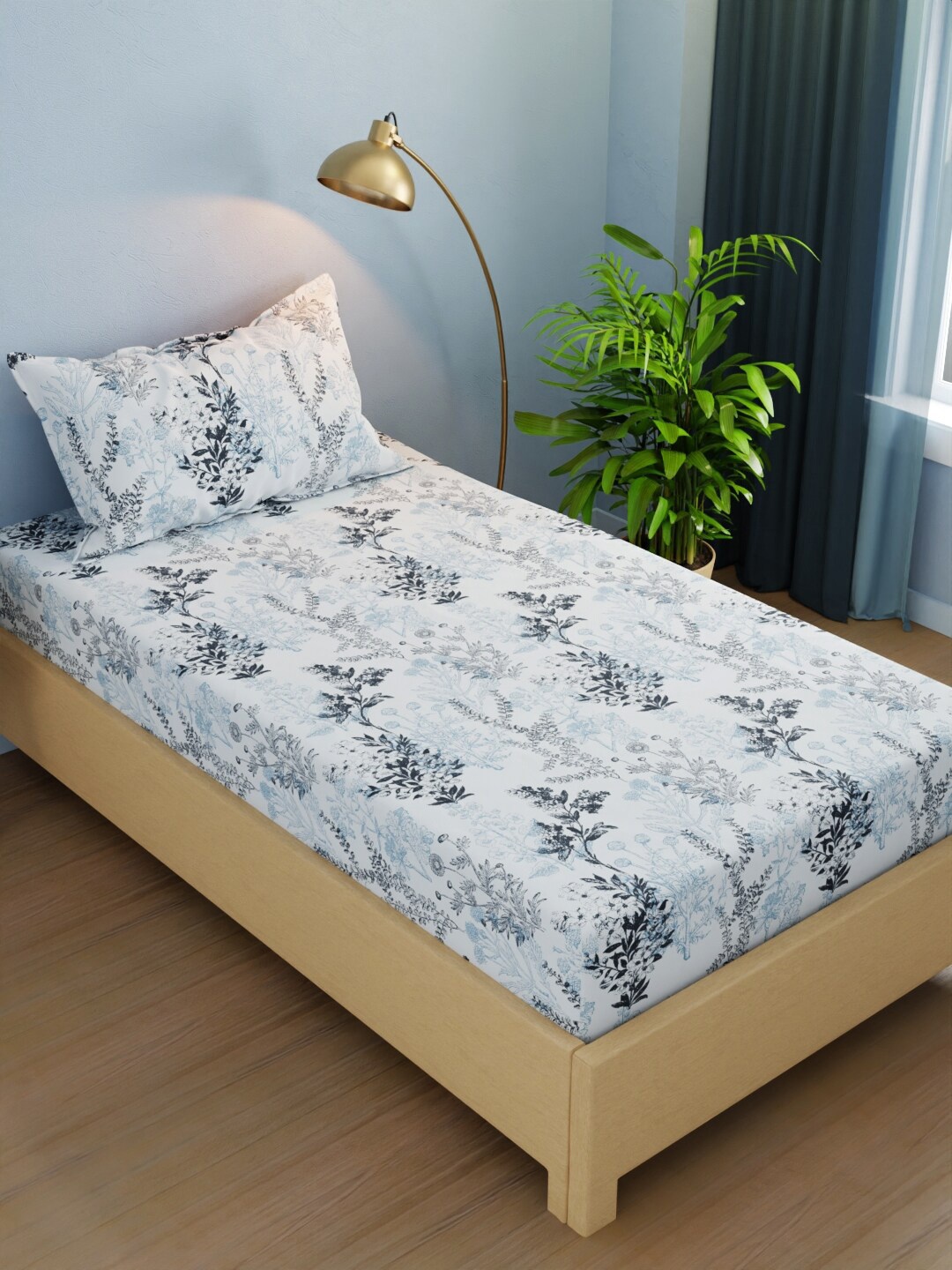 

BIANCA Blue Floral 210 TC Single Bedsheet with 1 Pillow Cover