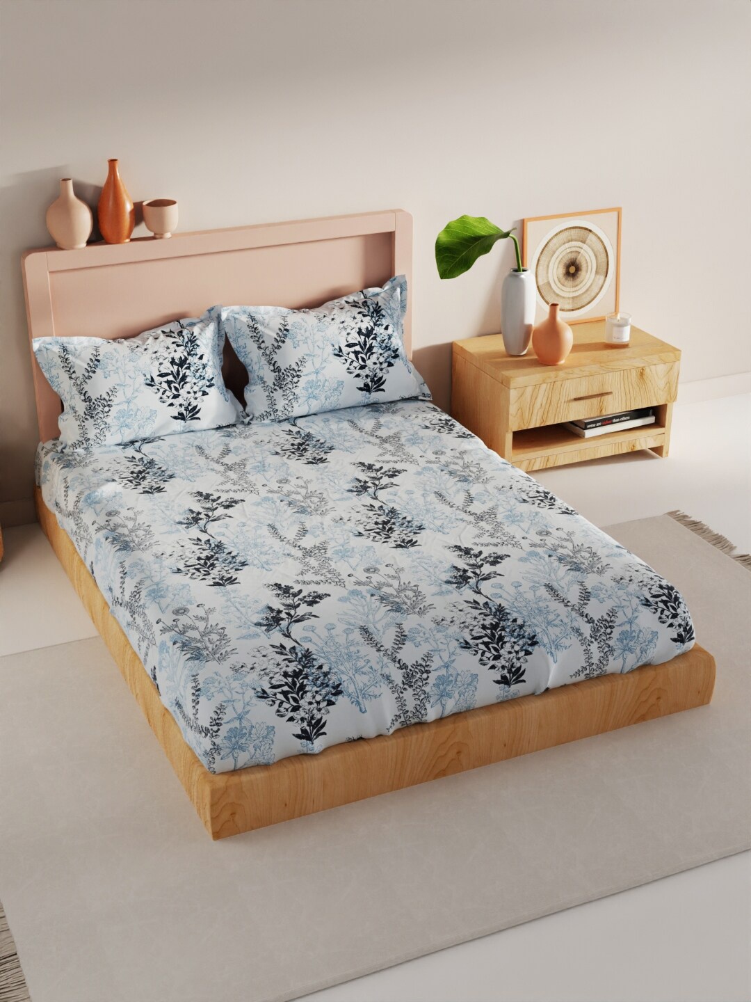 

BIANCA Geo Tokyo Blue & White Floral Microfiber 210 TC King Bedsheet With 2 Pillow Covers