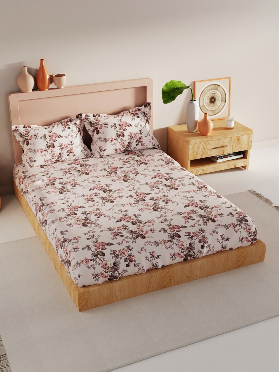 

BIANCA White & Pink Floral 210 TC King Bedsheet with 2 Pillow Covers