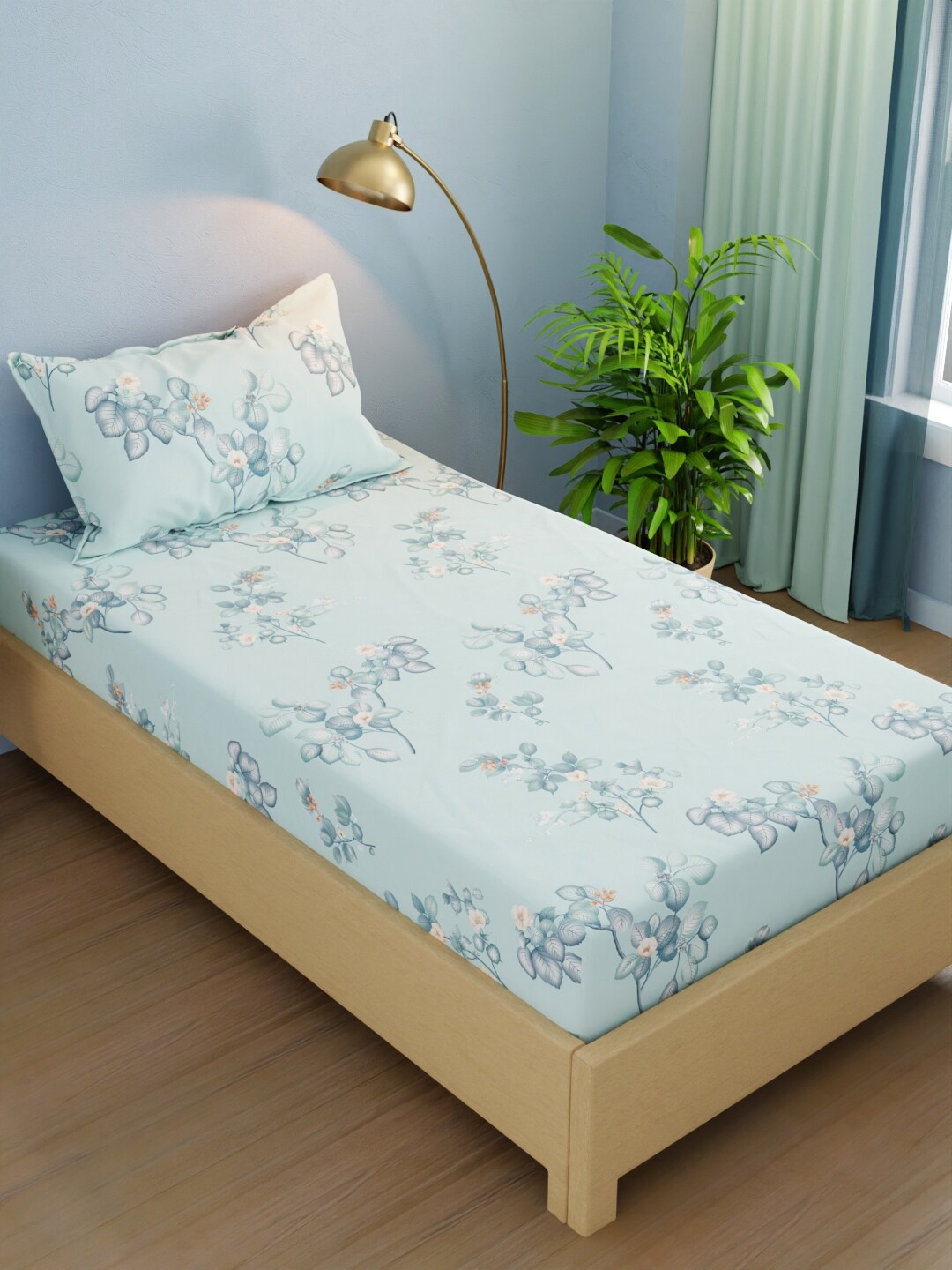

BIANCA Blue Floral 210 TC Single Bedsheet with 1 Pillow Cover