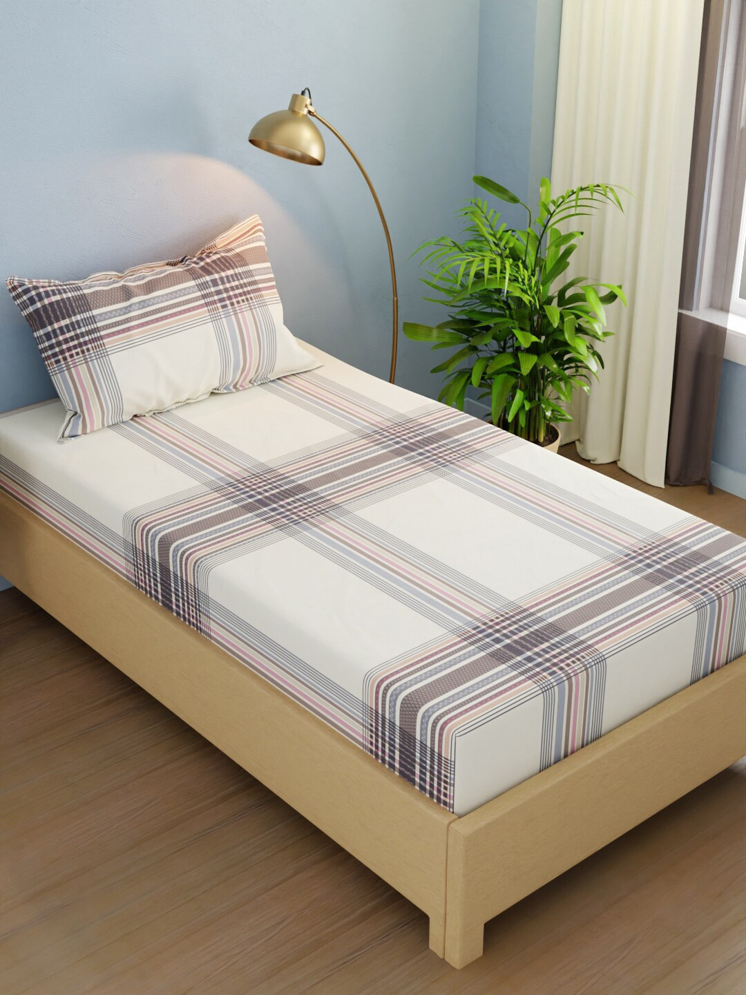 

BIANCA Off White & Pink Geometric 210 TC Single Bedsheet with 1 Pillow Cover