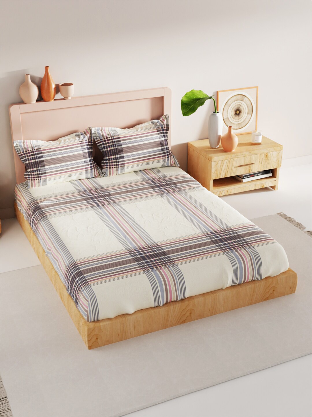 

BIANCA Geo Tokyo Off White Geometric Microfiber 210 TC King Bedsheet With 2 Pillow Covers