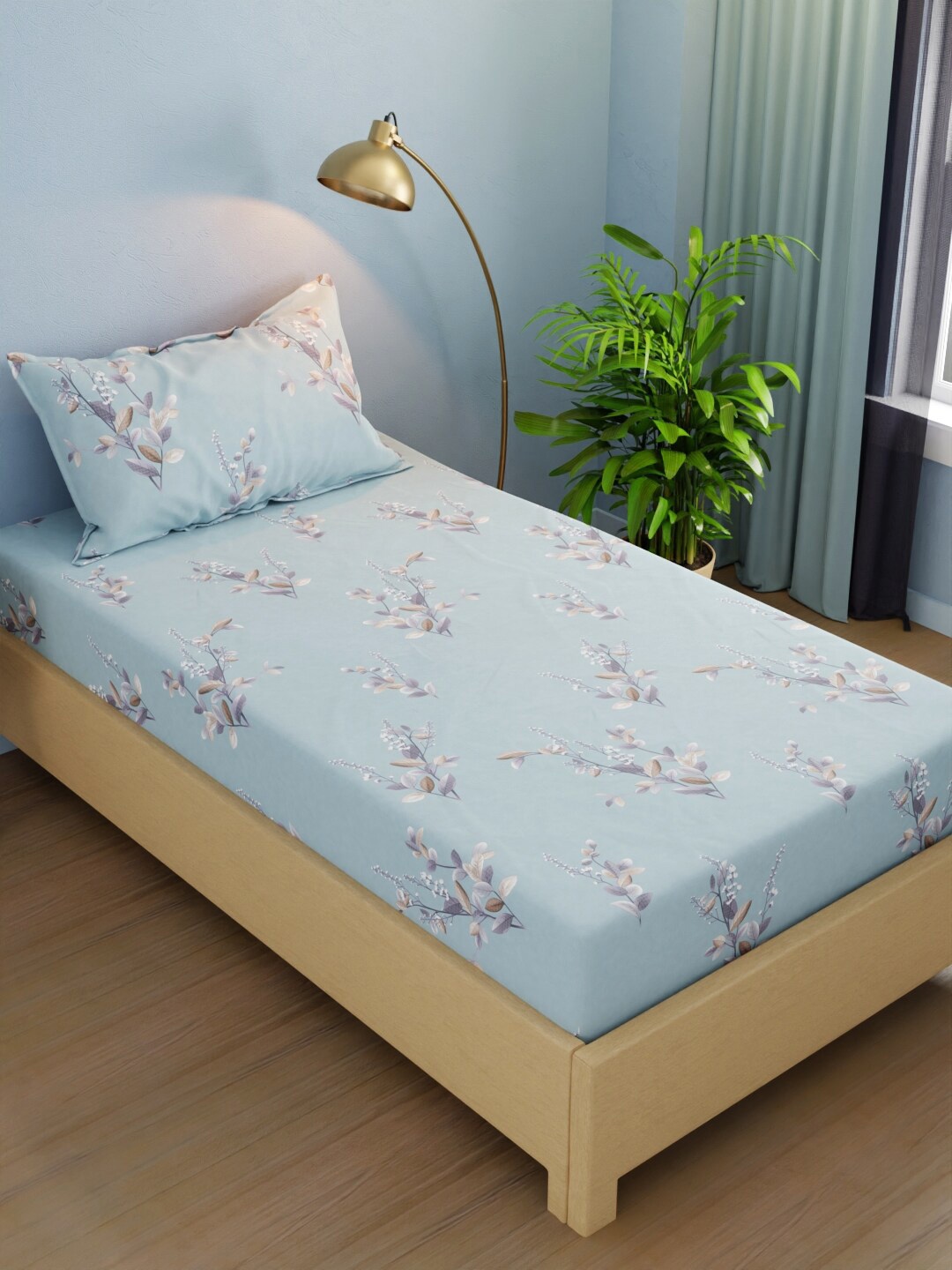 

BIANCA Rivera Blue & Peach Floral 210 TC Microfiber Single Bedsheet with 1 Pillow Covers