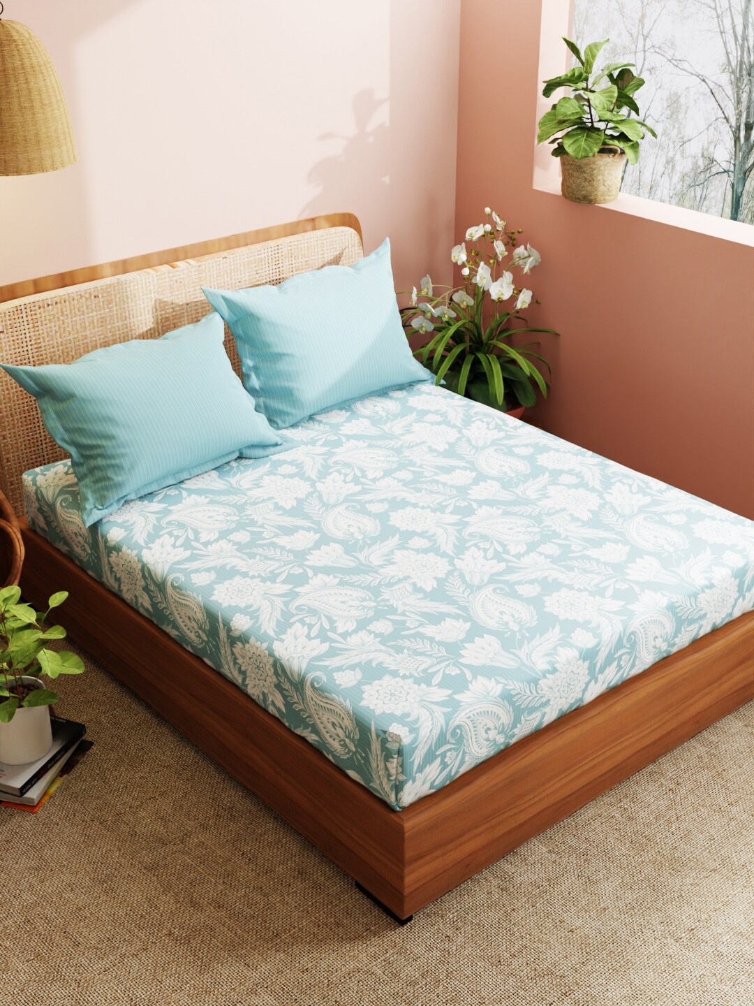 

BIANCA Geo Tokyo Blue & White Floral Pure Cotton 210 TC King Bedsheet With 2 Pillow Covers