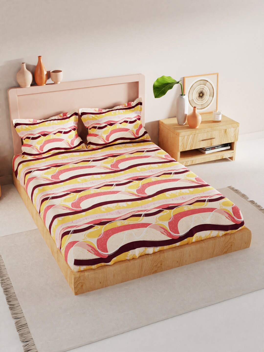 

BIANCA Coral Pink & Yellow 210 TC King Bedsheet with 2 Pillow Covers