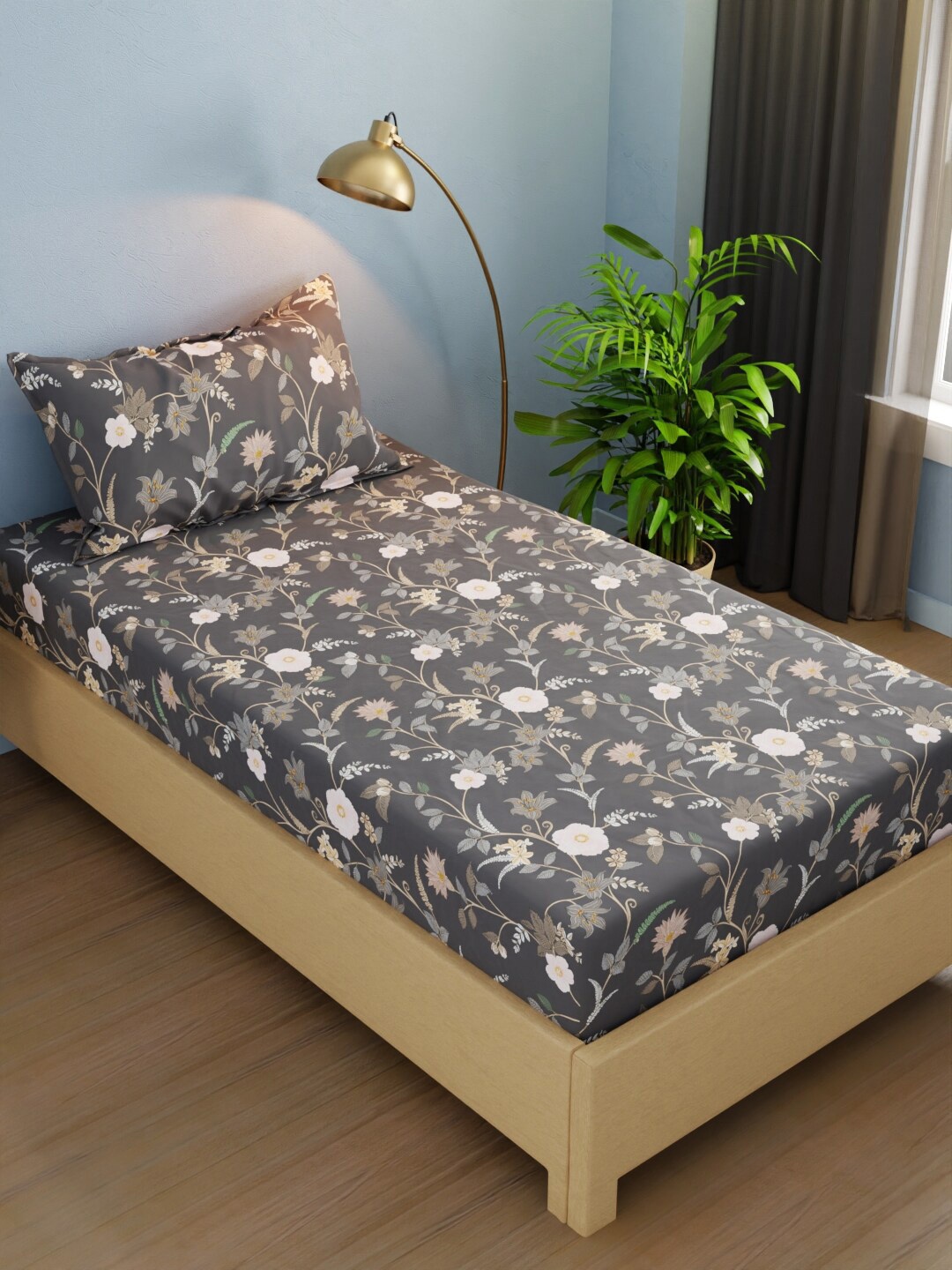 

BIANCA Rivera Charcoal Floral 210 TC Microfiber Single Bedsheet With 1 Pillow Cover