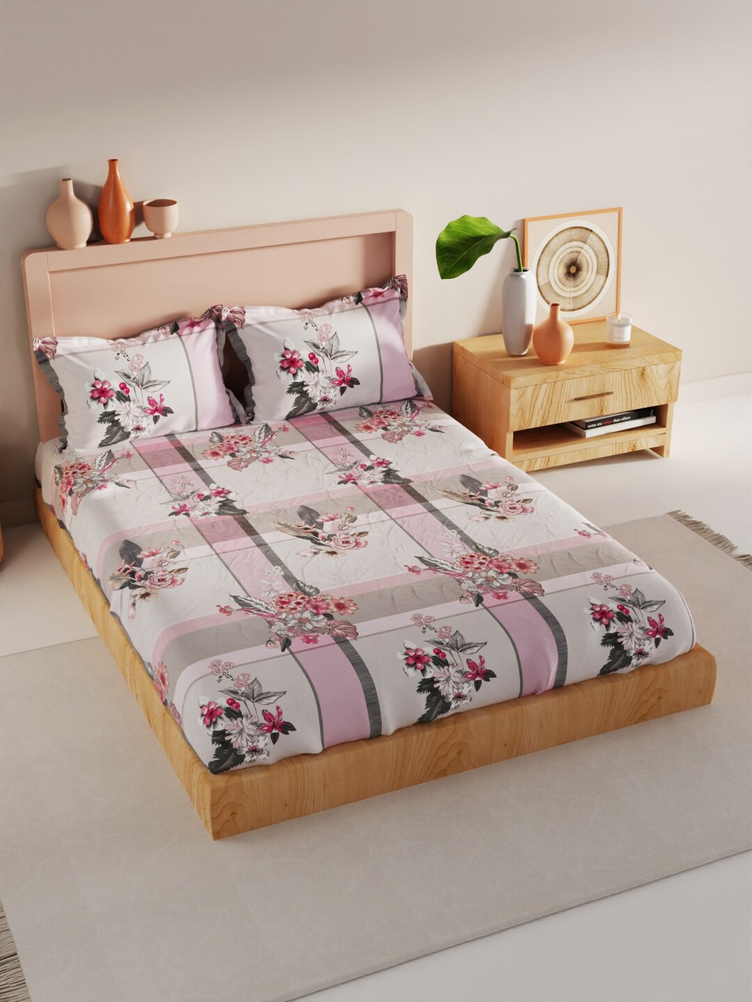 

BIANCA Geo Tokyo Pink & White Floral Microfiber 210 TC King Bedsheet With 2 Pillow Covers