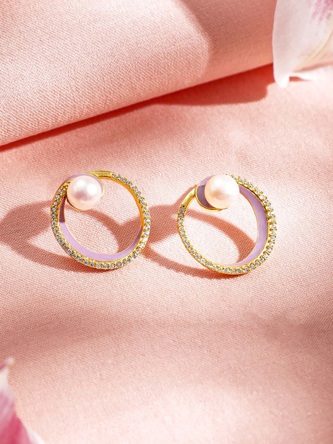 

Rubans 22K Gold-Plated Cubic Zicronia & Pearl Studded Circular Hoop Earrings