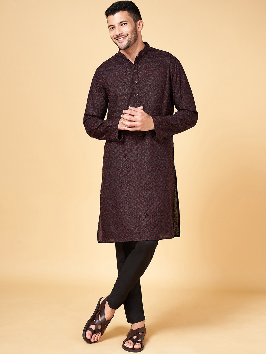 

indus route by Pantaloons Woven Design Shirt Collar Straight Cotton Kurta, Black