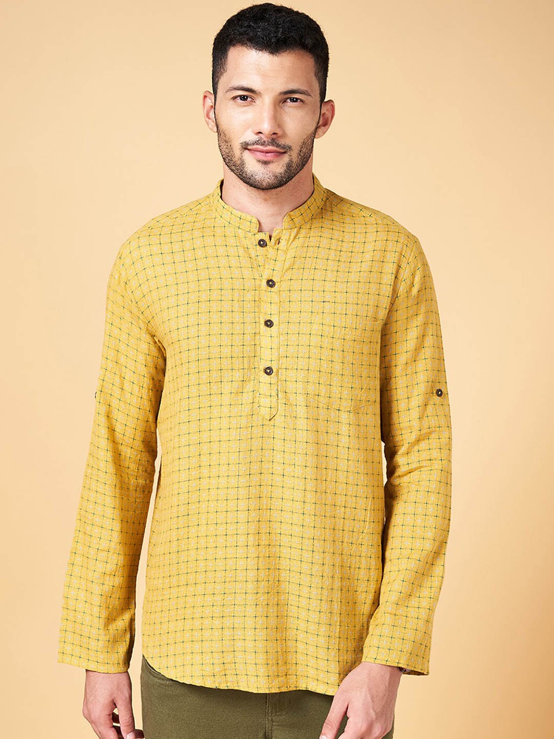 

indus route by Pantaloons Checked Printed Mandarin Collar Straight Cotton Kurta, Mustard