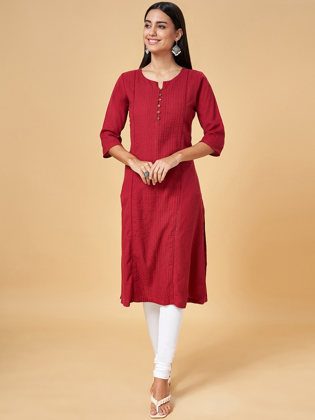 

RANGMANCH BY PANTALOONS Striped Round Neck Cotton Kurta, Maroon
