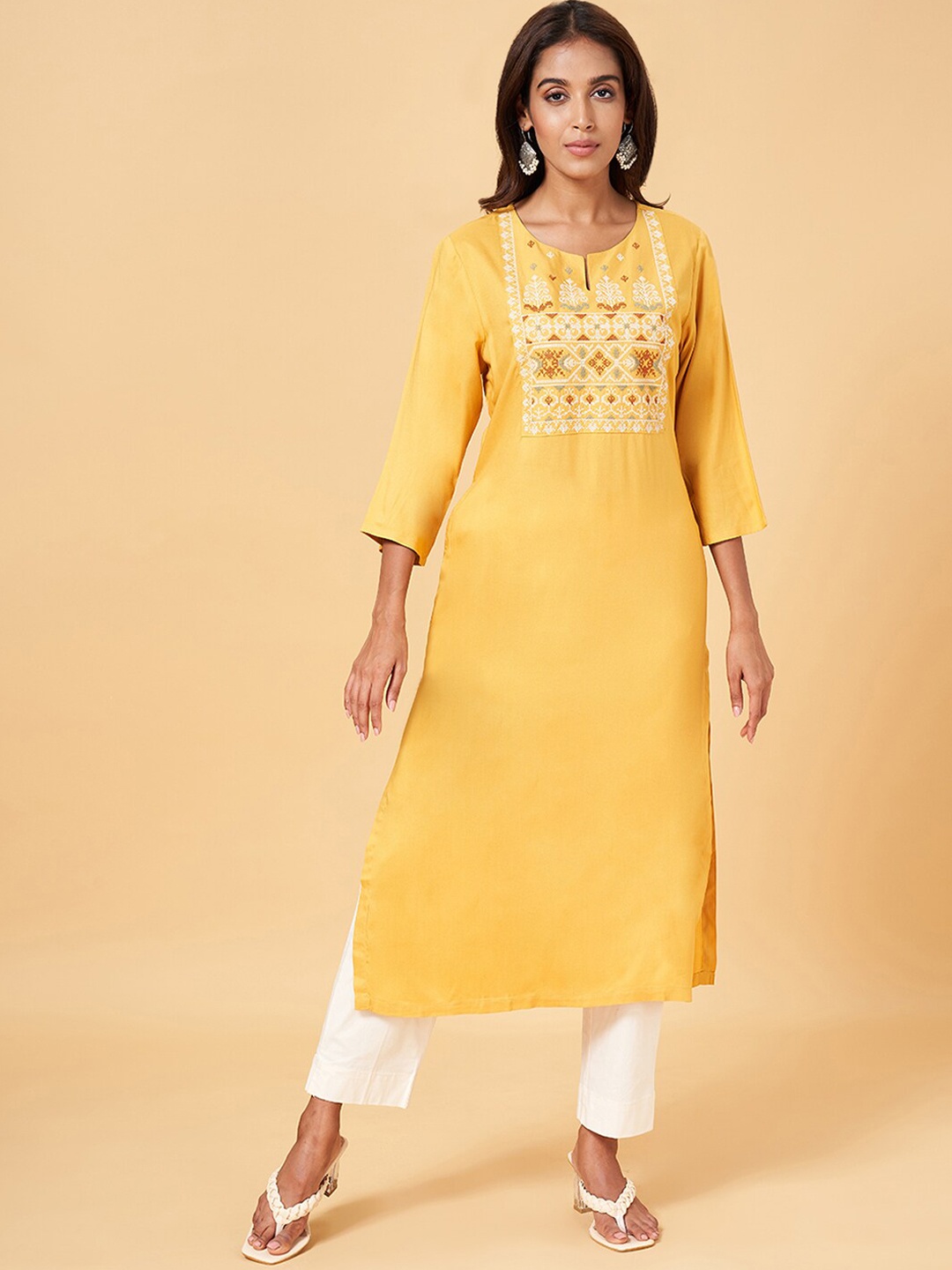 

RANGMANCH BY PANTALOONS Floral Yoke Design Flared Sleeves Straight Kurta, Mustard