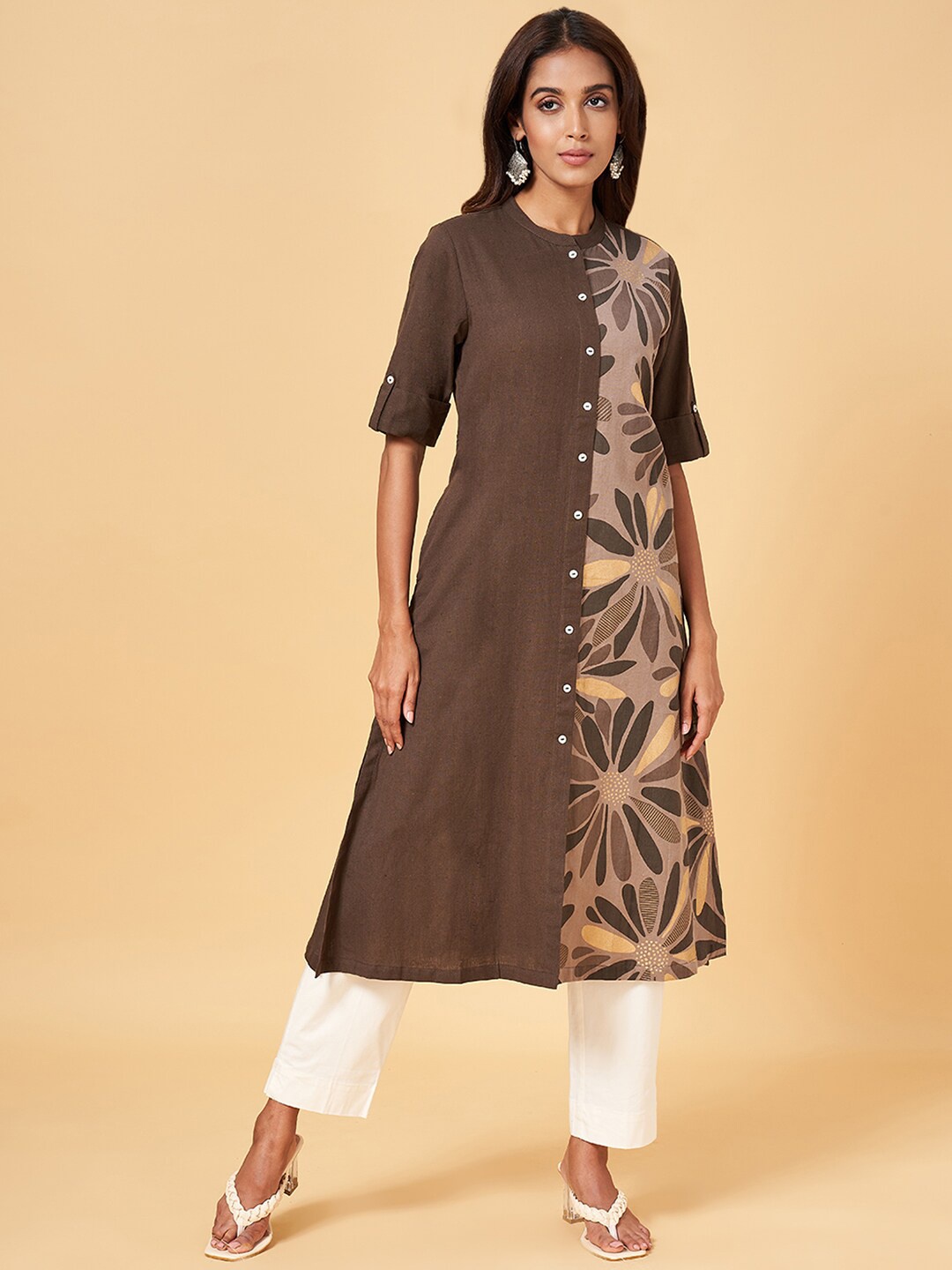 

RANGMANCH BY PANTALOONS Floral Printed A-Line Kurta, Brown
