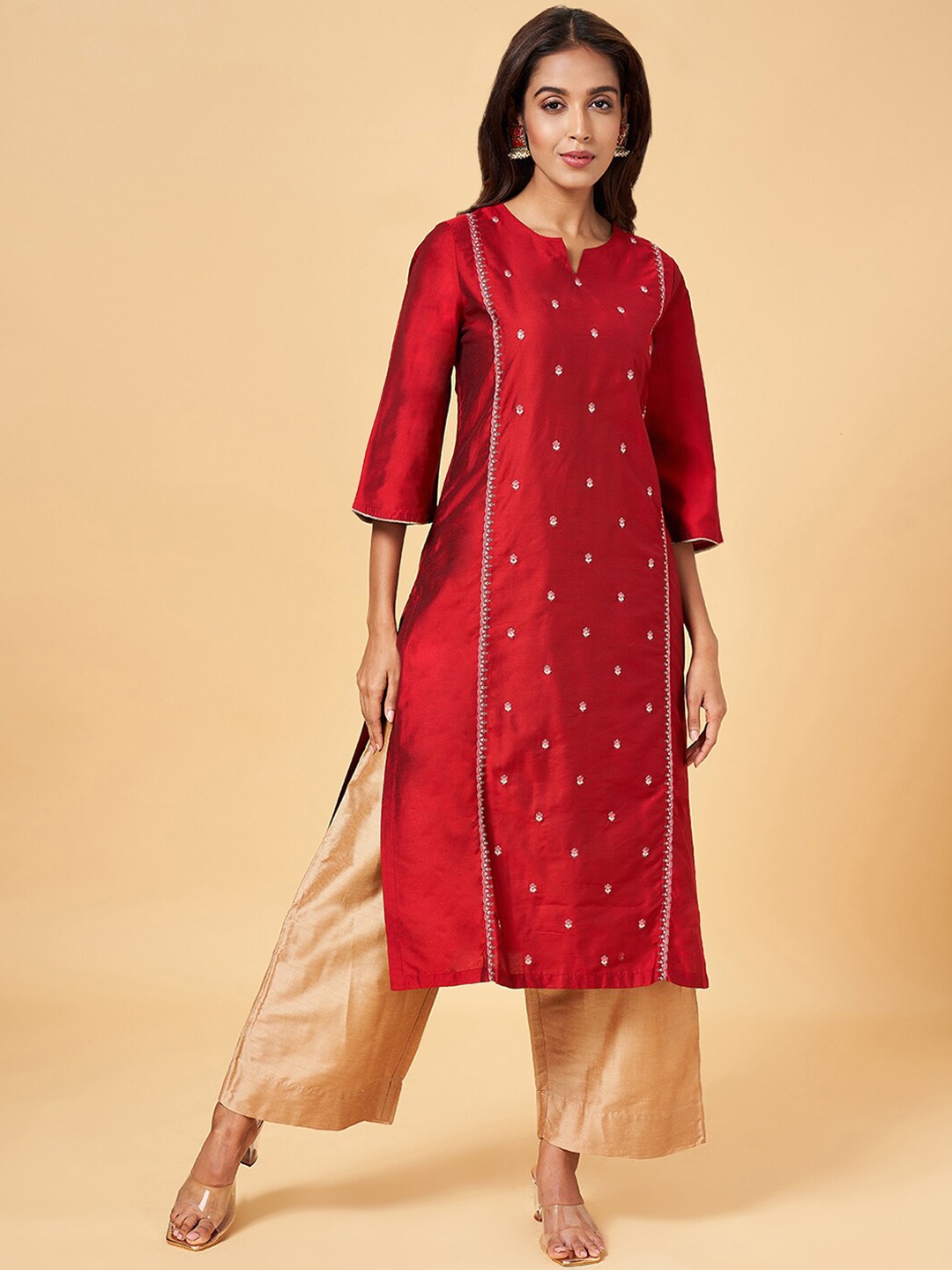 RANGMANCH BY PANTALOONS Flared Sleeves Sequins A-Line Kurta, Red