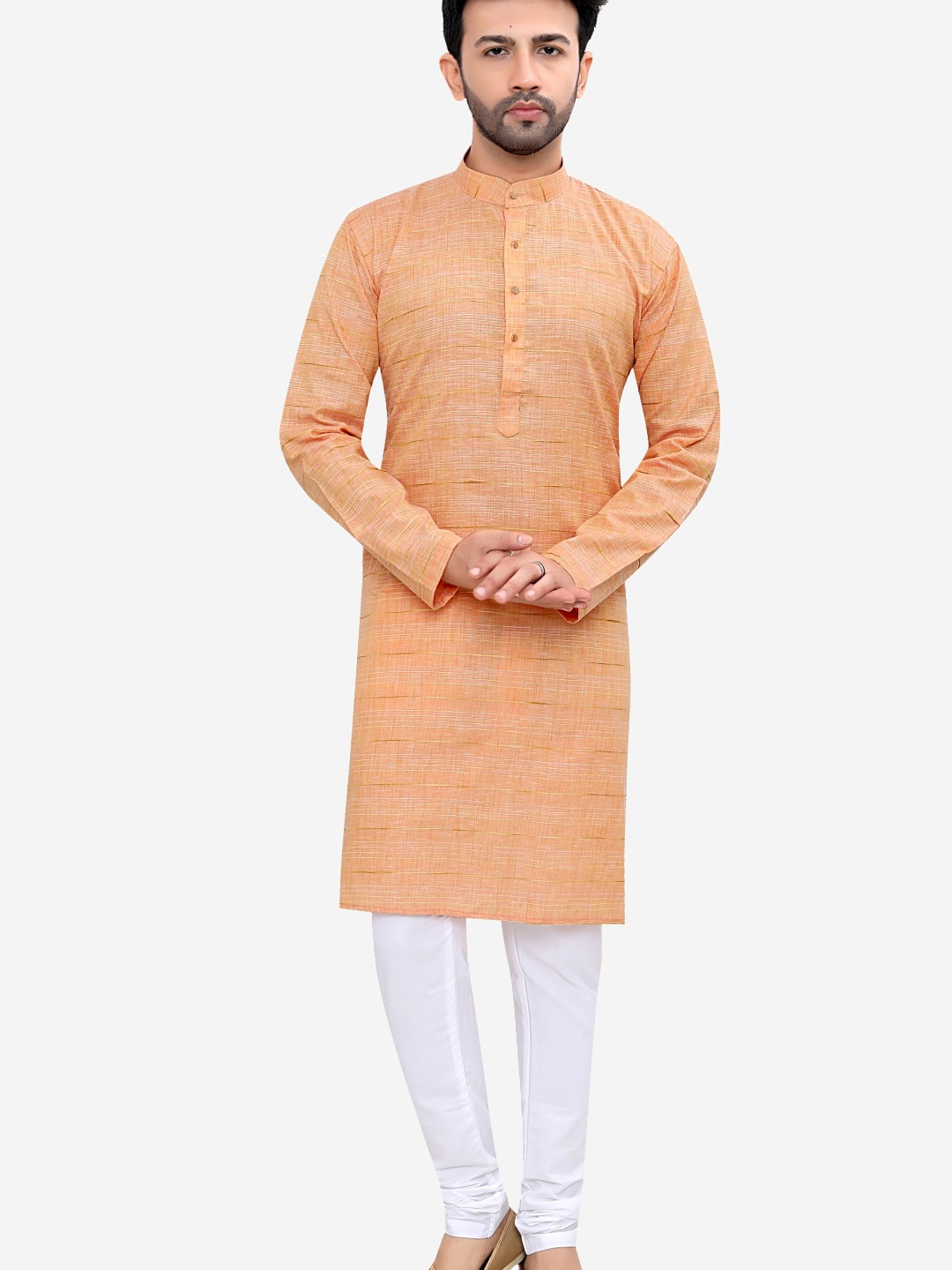 

Authentics Striped Straight Kurta With Churidar, Orange