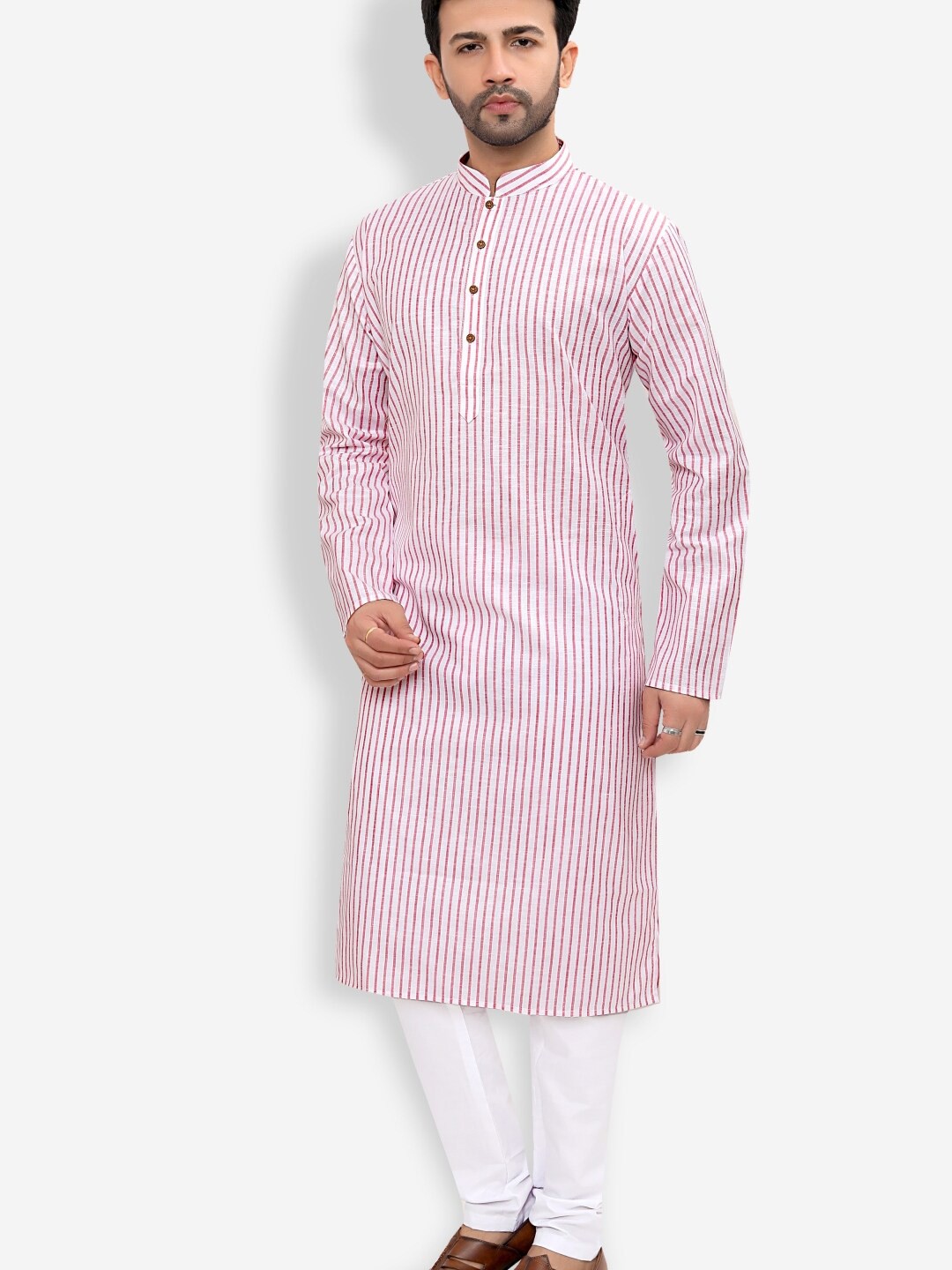 

Authentics Striped Mandarin Collar Regular Kurta With Churidar, White