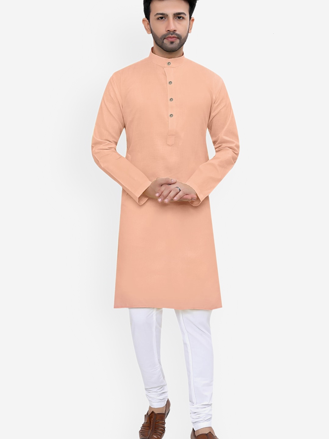 

Authentics Mandarin Collar Straight Kurta With Churidar, Peach