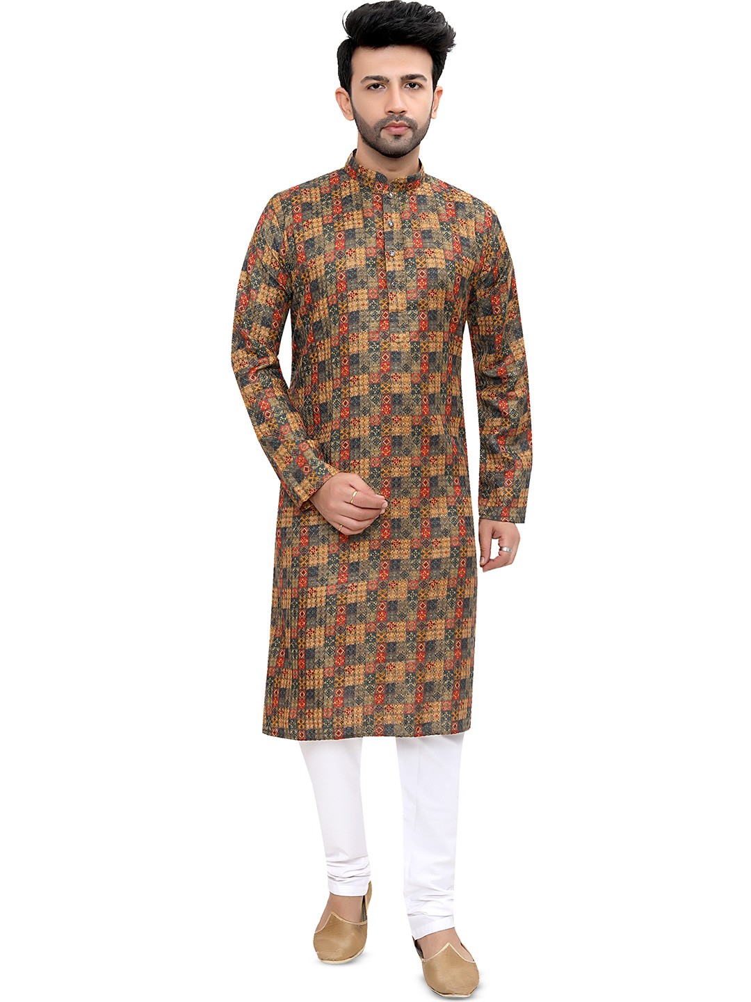 

Authentics Ethnic Motifs Printed Pure Cotton Straight Kurta With Churidar, Yellow
