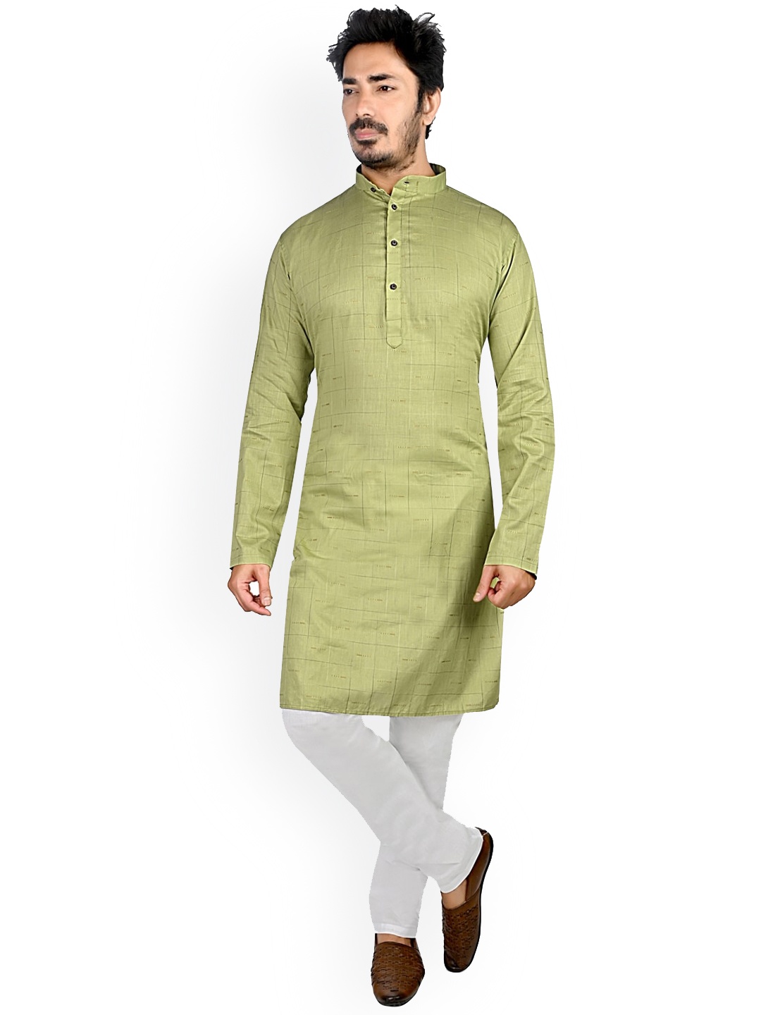 

Authentics Checked Mandarin Collar Regular Kurta With Churidar, Green
