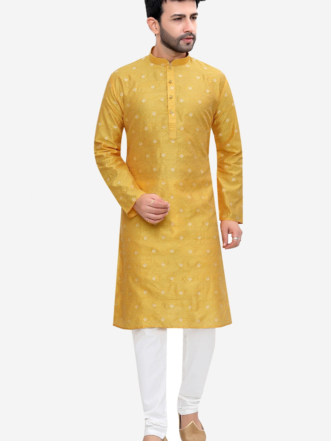 

Authentics Ethnic Motifs Woven Design Mandarin Collar Kurta With Pyjamas, Yellow