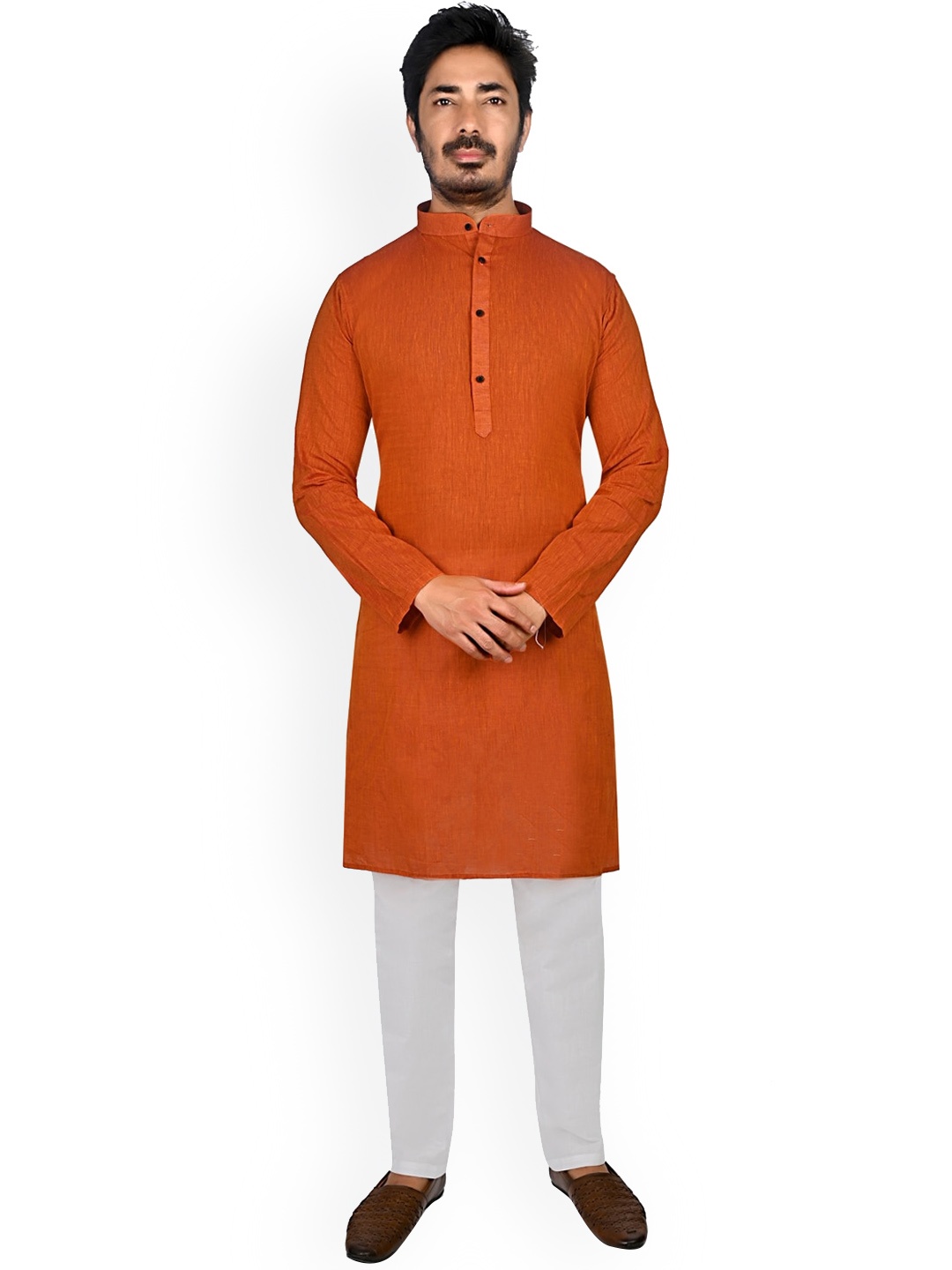 

Authentics Band Collar Regular Kurta With Churidar, Orange