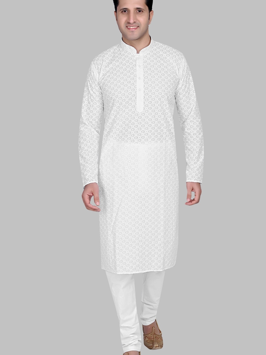 

Authentics Ethnic Motifs Embroidered Thread Work Pure Cotton Straight Kurta With Pyjamas, White