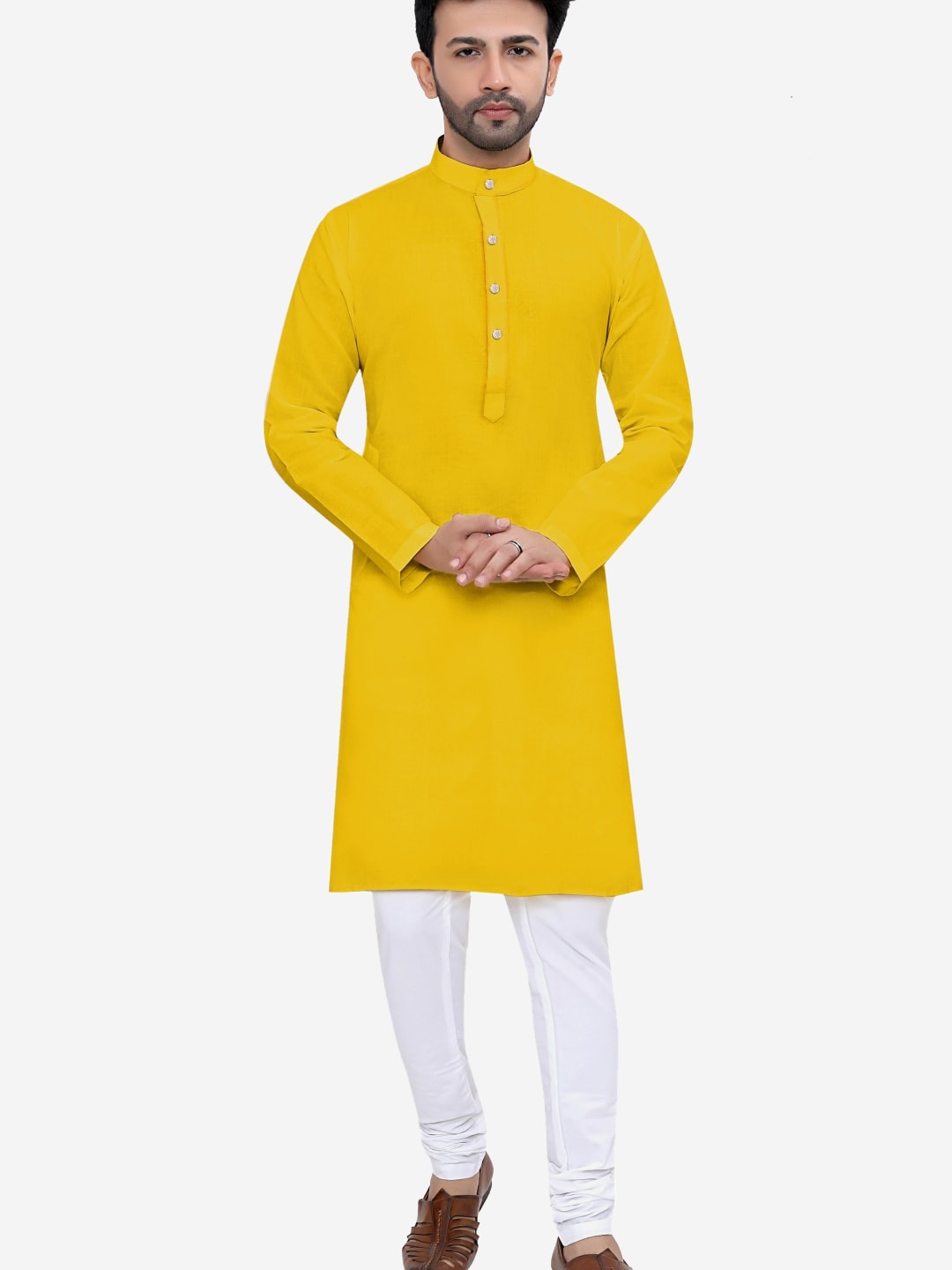 

Authentics Band Collar Regular Kurta With Churidar, Yellow